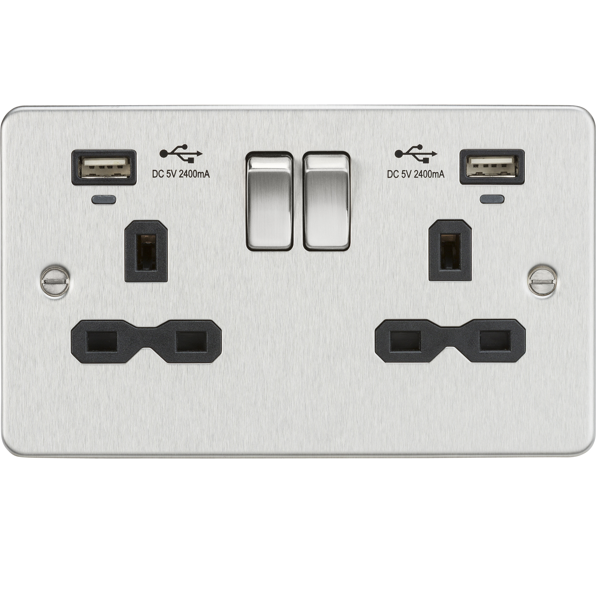 Flat Plate 13A Smart 2G Switched Socket With Dual USB Charger 2.4A - Brushed Chrome With Blk Insert - FPR9904NBC 