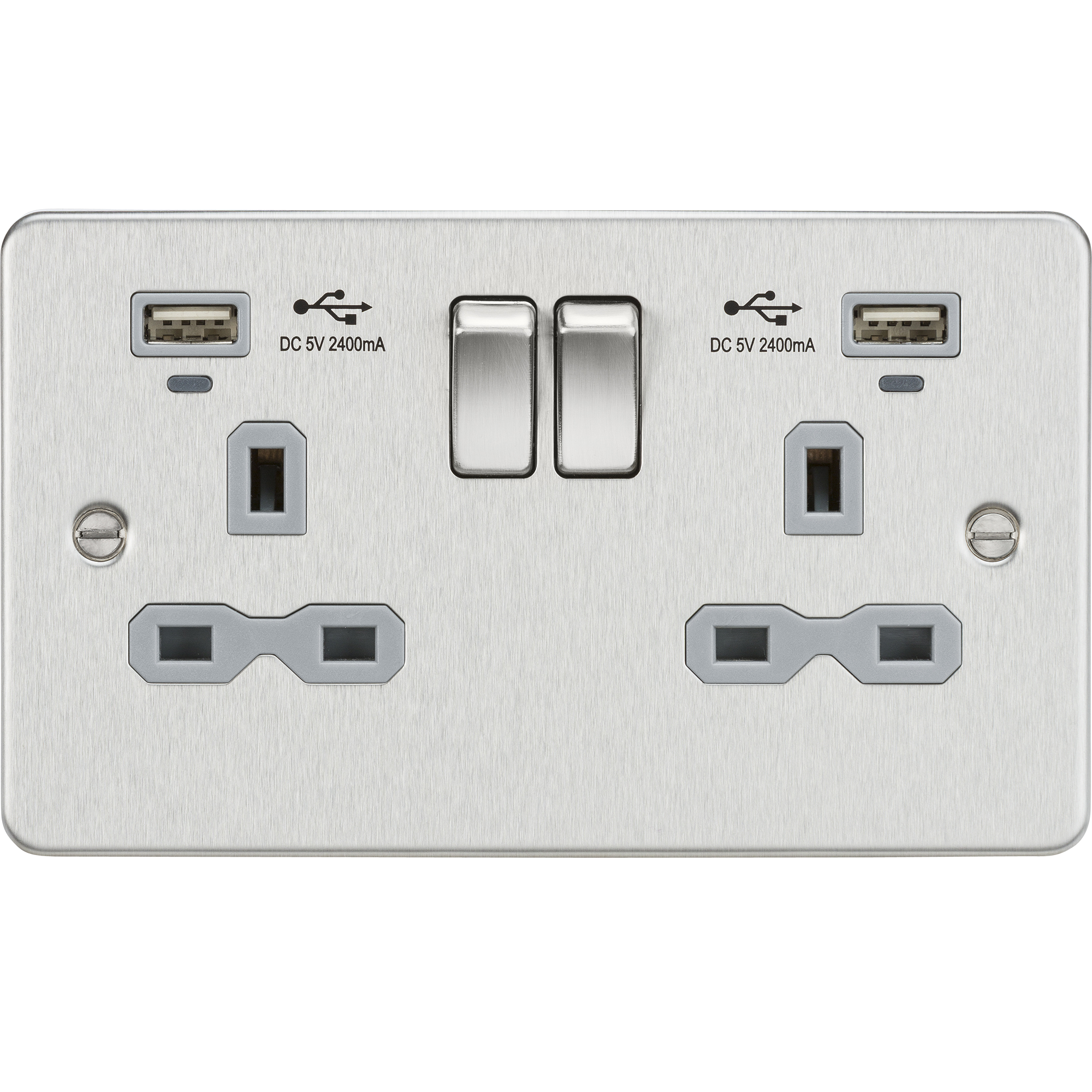 Flat Plate 13A Smart 2G Switched Socket With Dual USB Charger 2.4A - Brushed Chrome With Grey Insert - FPR9904NBCG 