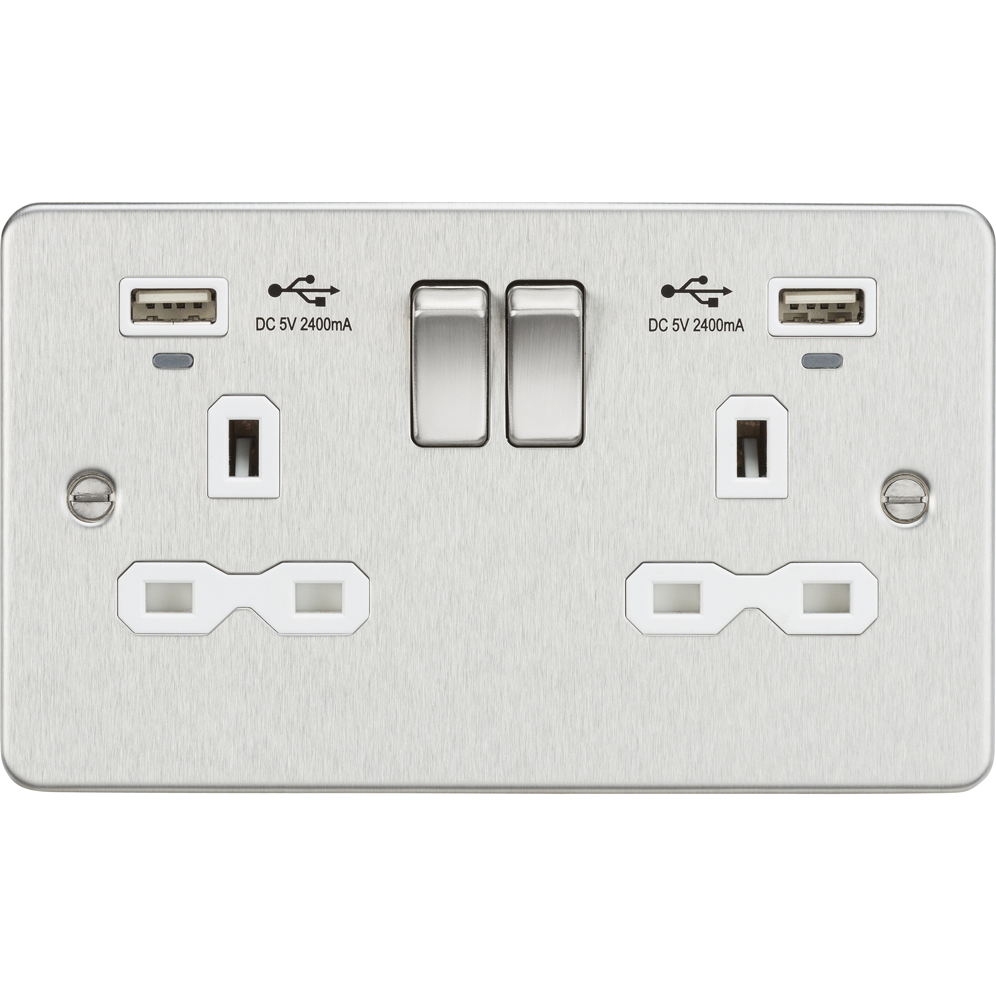 Flat Plate 13A Smart 2G Switched Socket With Dual USB Charger 2.4A - Brushed Chrome With Wht Insert - FPR9904NBCW 