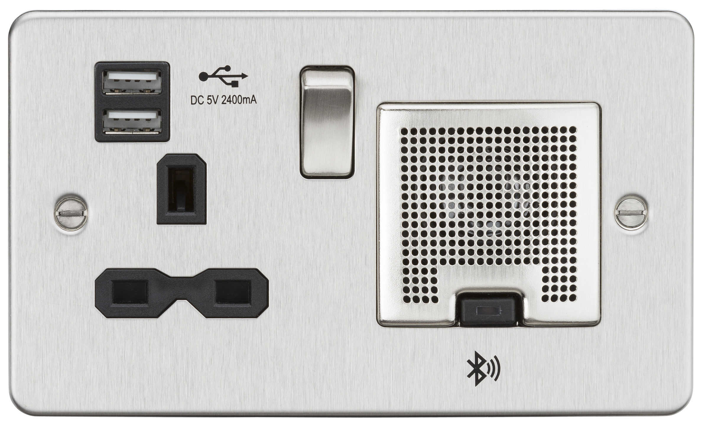 Flat Plate 13A Socket, USB Charger And Bluetooth Speaker Combo - Brushed Chrome With Black Insert - FPR9905BC 