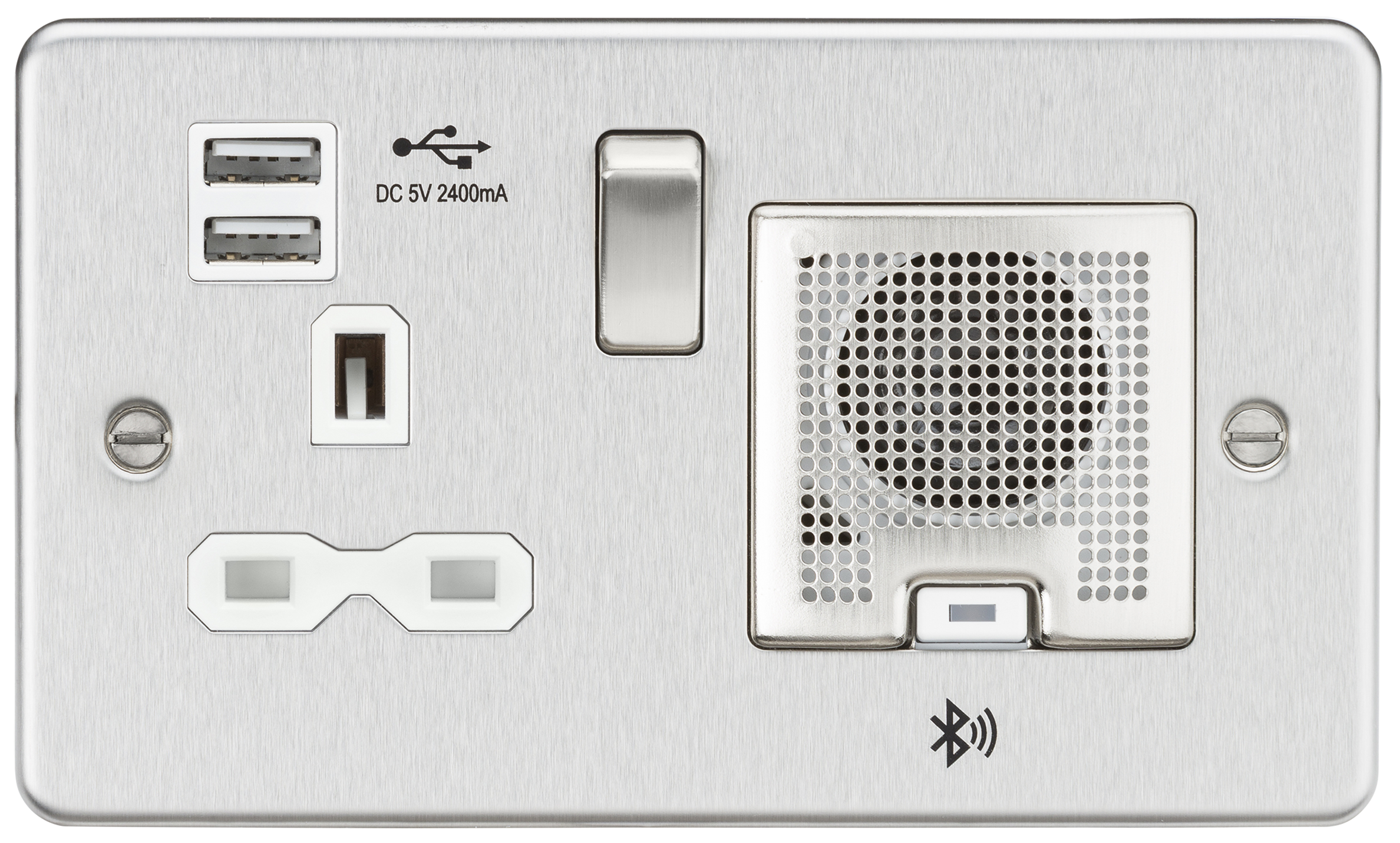 Flat Plate 13A Socket, USB Charger And Bluetooth Speaker Combo - Brushed Chrome With White Insert - FPR9905BCW 