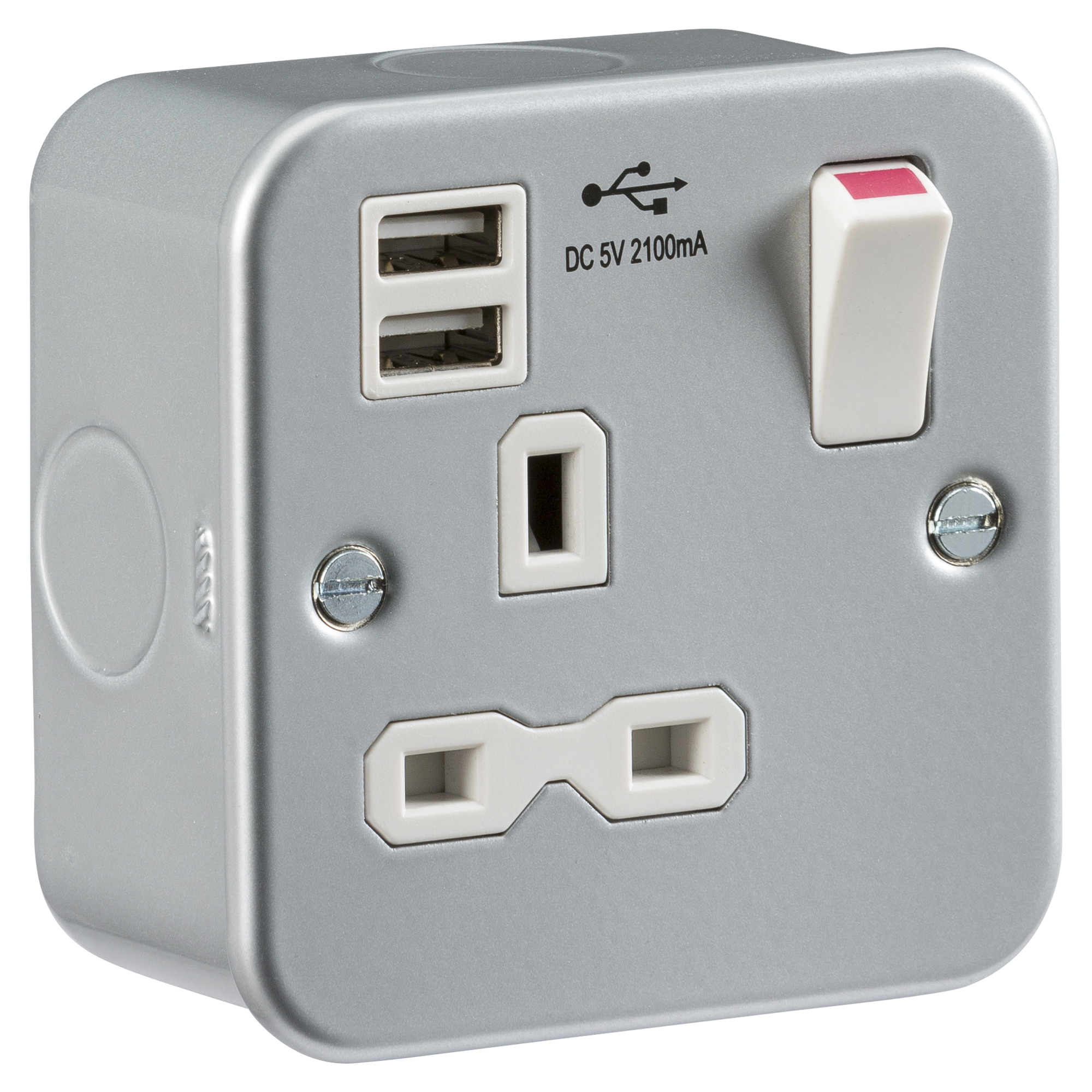 Metal Clad 13A 1G Switched Socket With Dual USB Charger 5V DC 2.1A (shared) - MR7000USB 