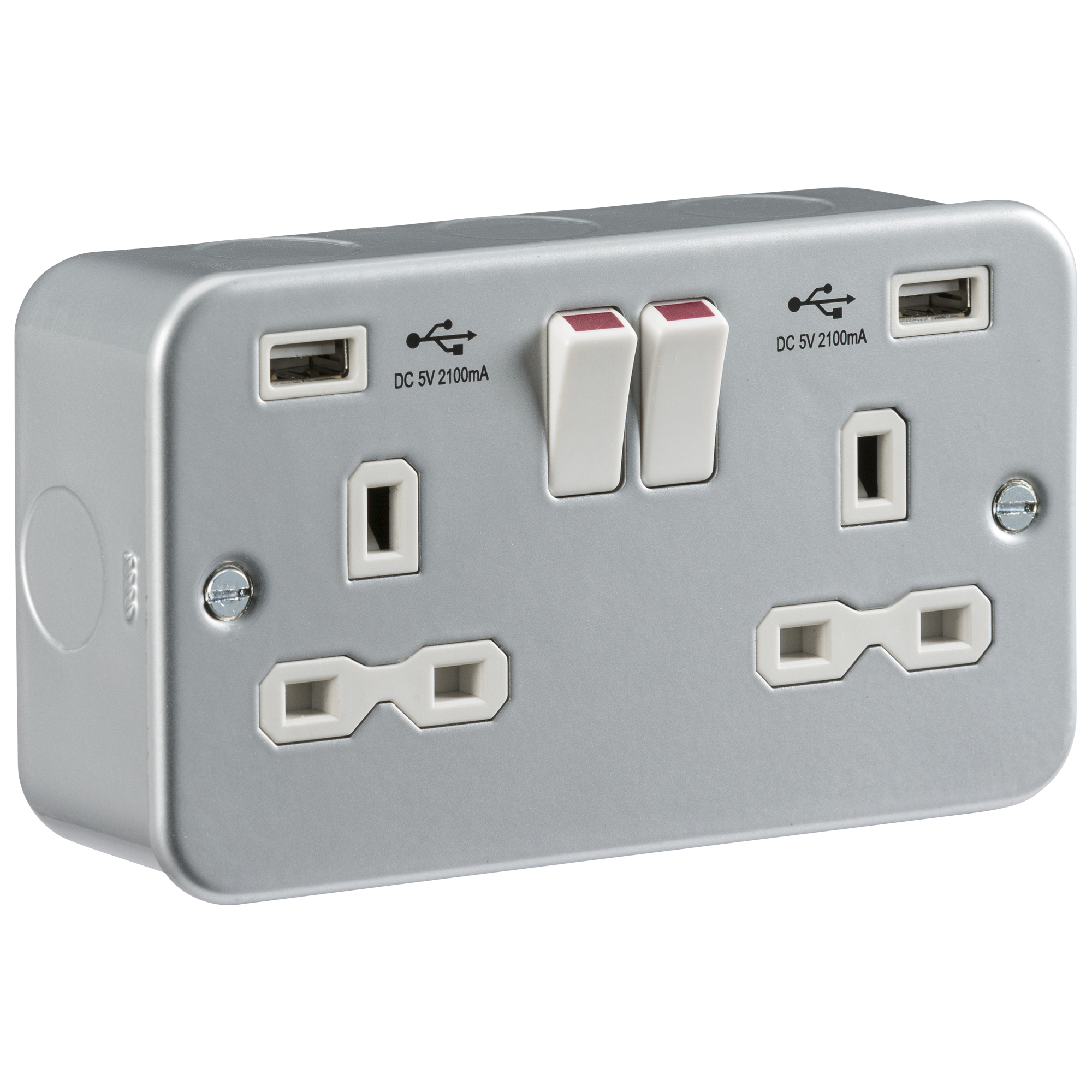 Metal Clad 13A 2G Switched Socket With Dual USB Charger 5V DC 2.1A (shared) - MR9000USB 