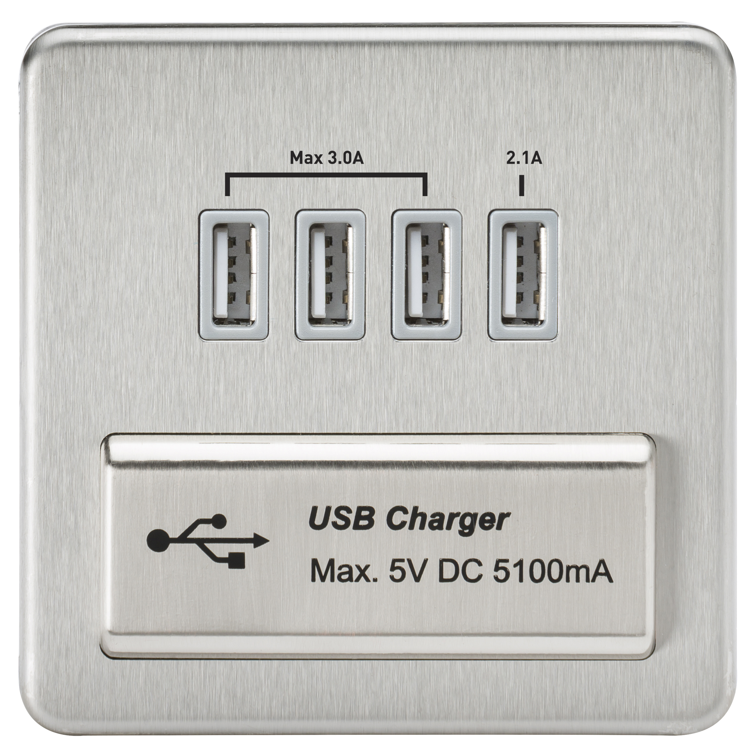 Screwless Quad USB Charger Outlet (5.1A) - Brushed Chrome With Grey Insert - SFQUADBCG 