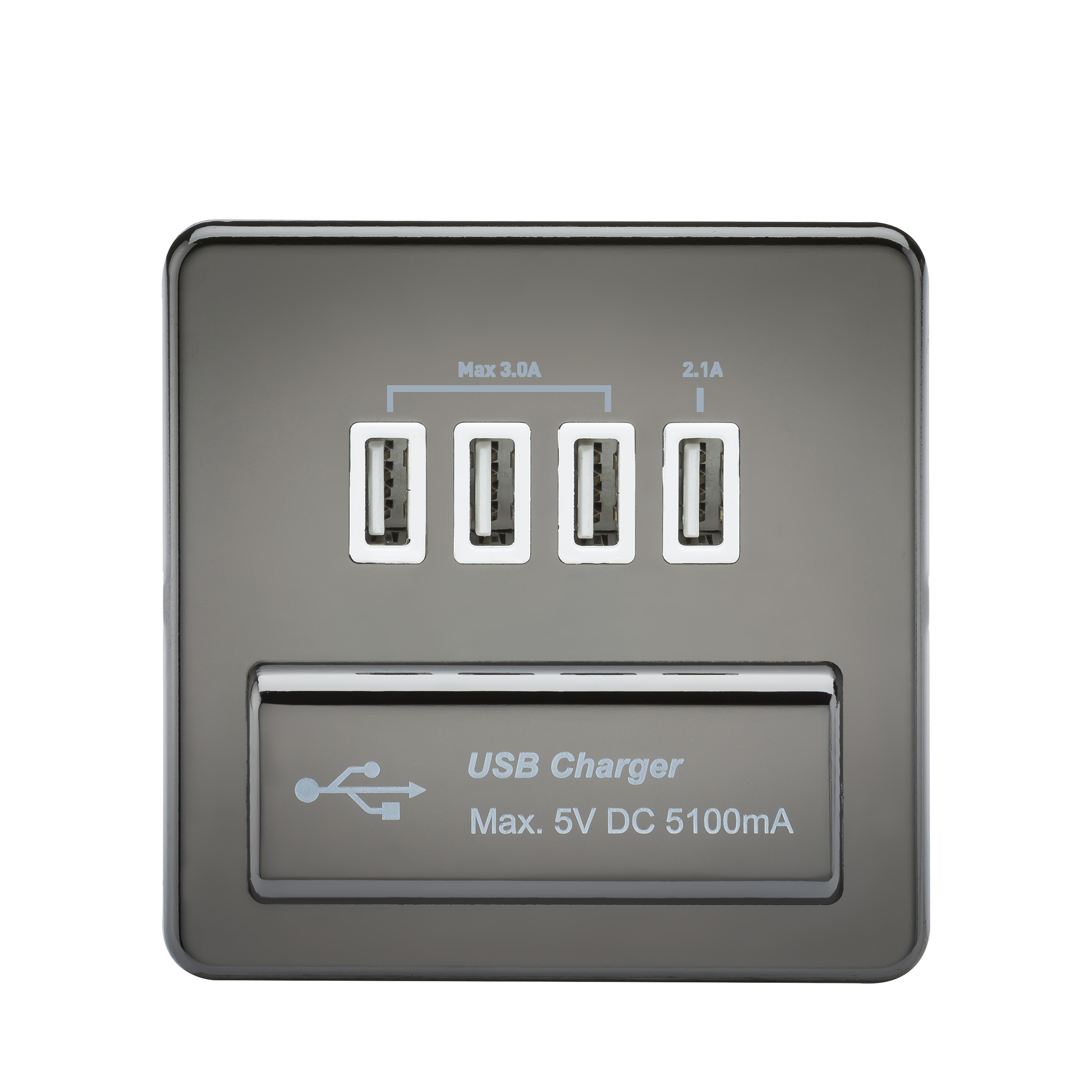 Screwless Quad USB Charger Outlet (5.1A) - Black Nickel With White Insert - SFQUADBNW 