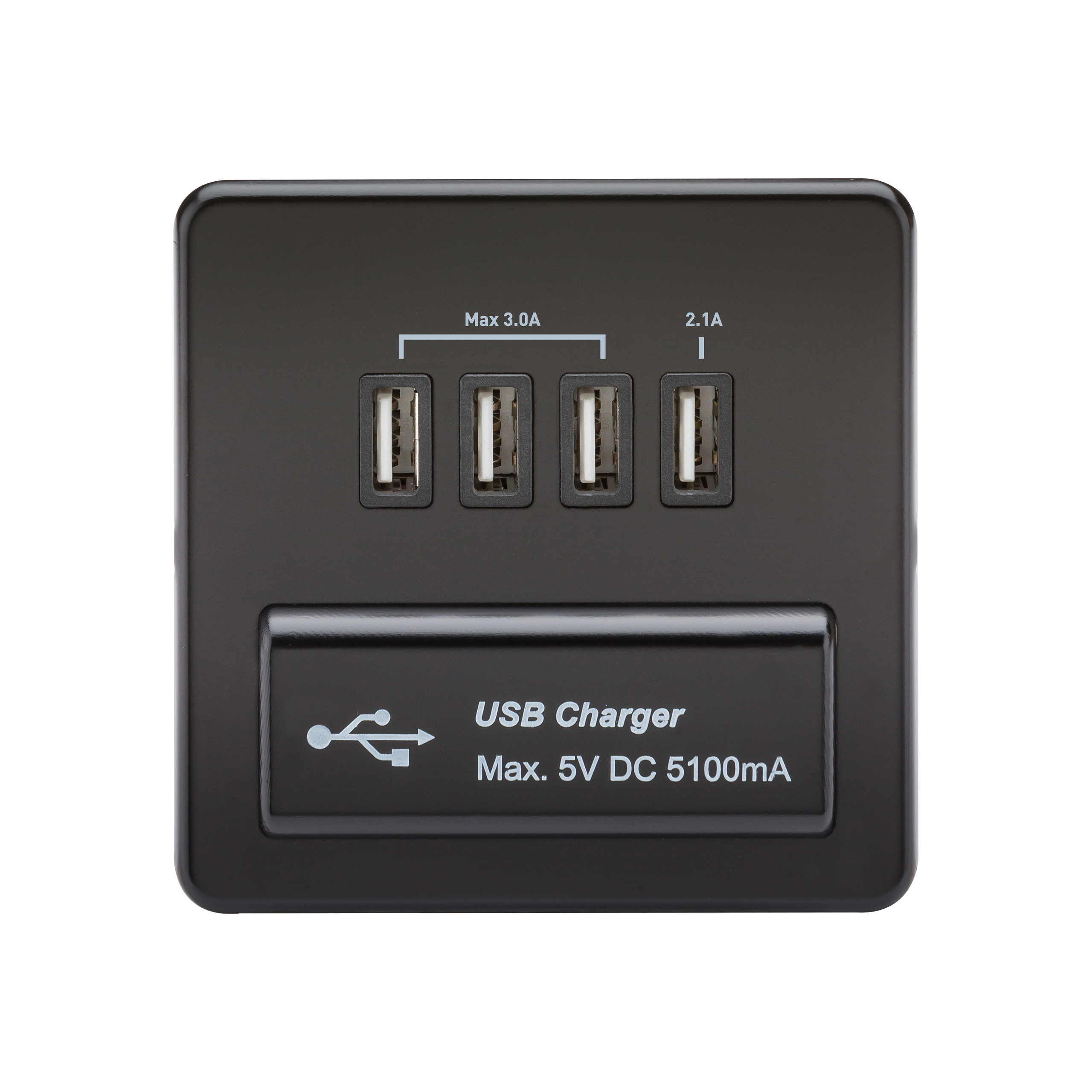 Screwless Quad USB Charger Outlet (5.1A) - Matt Black With Black Insert - SFQUADMB 