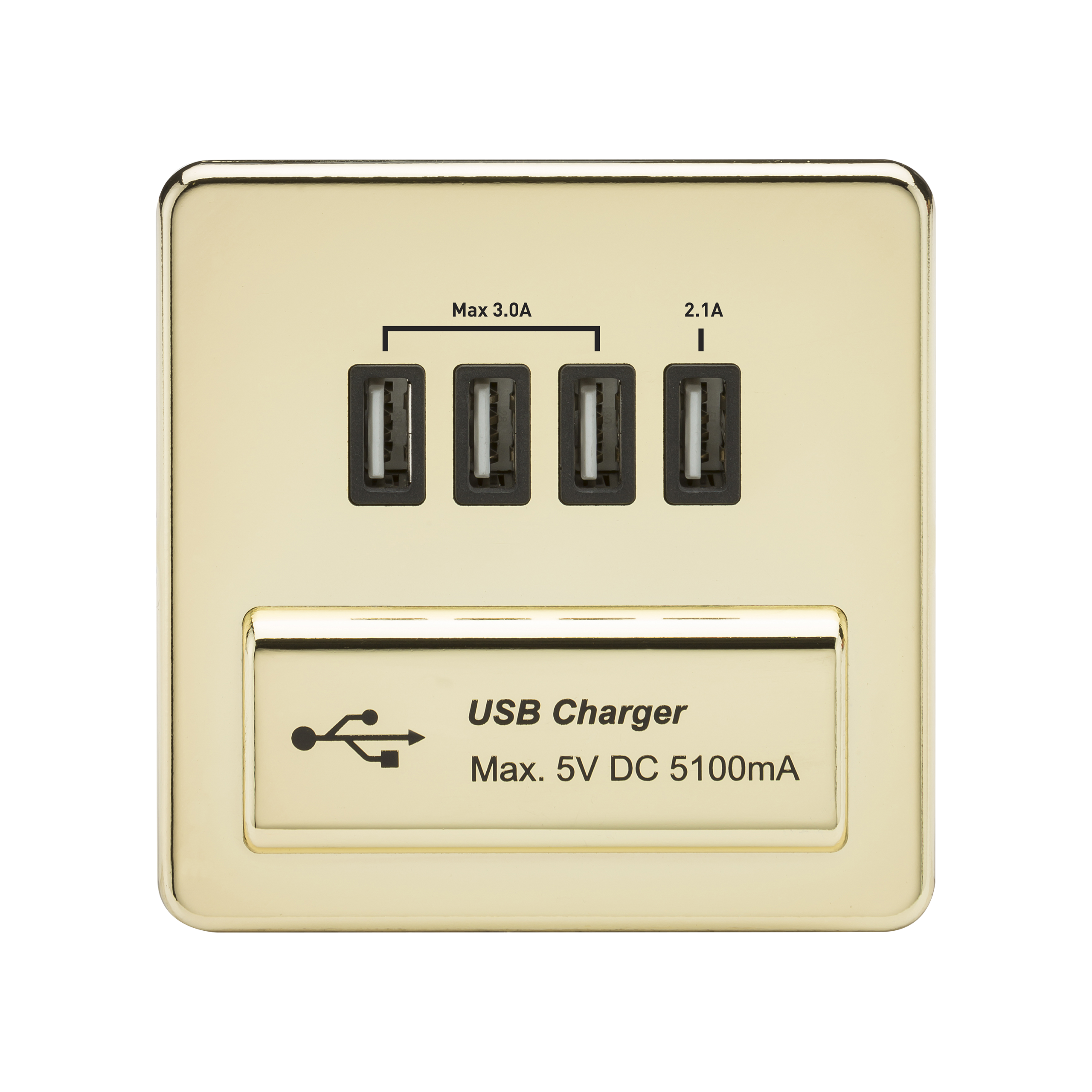Screwless Quad USB Charger Outlet (5.1A) - Polished Brass With Black Insert - SFQUADPB 