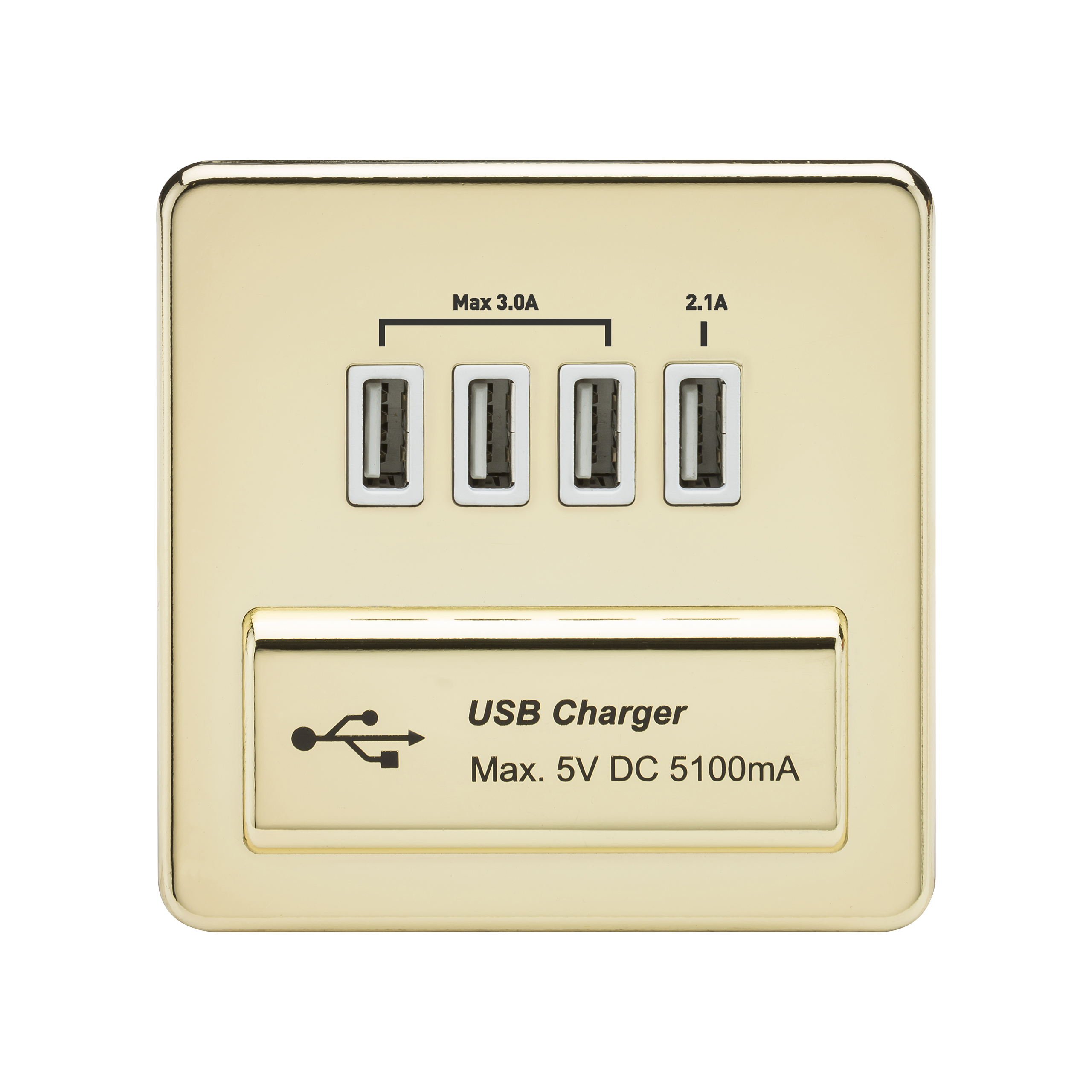 Screwless Quad USB Charger Outlet (5.1A) - Polished Brass With White Insert - SFQUADPBW 