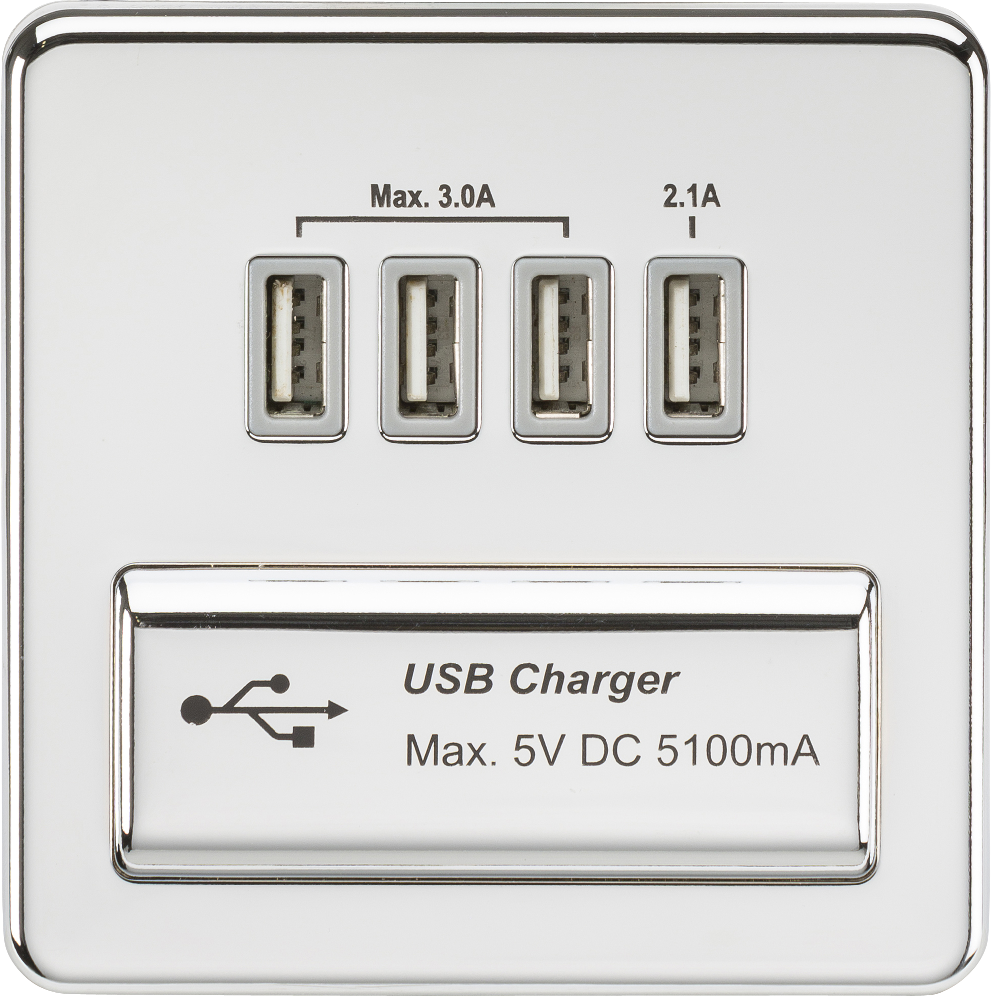Screwless Quad USB Charger Outlet (5.1A) - Polished Chrome With Grey Insert - SFQUADPCG 