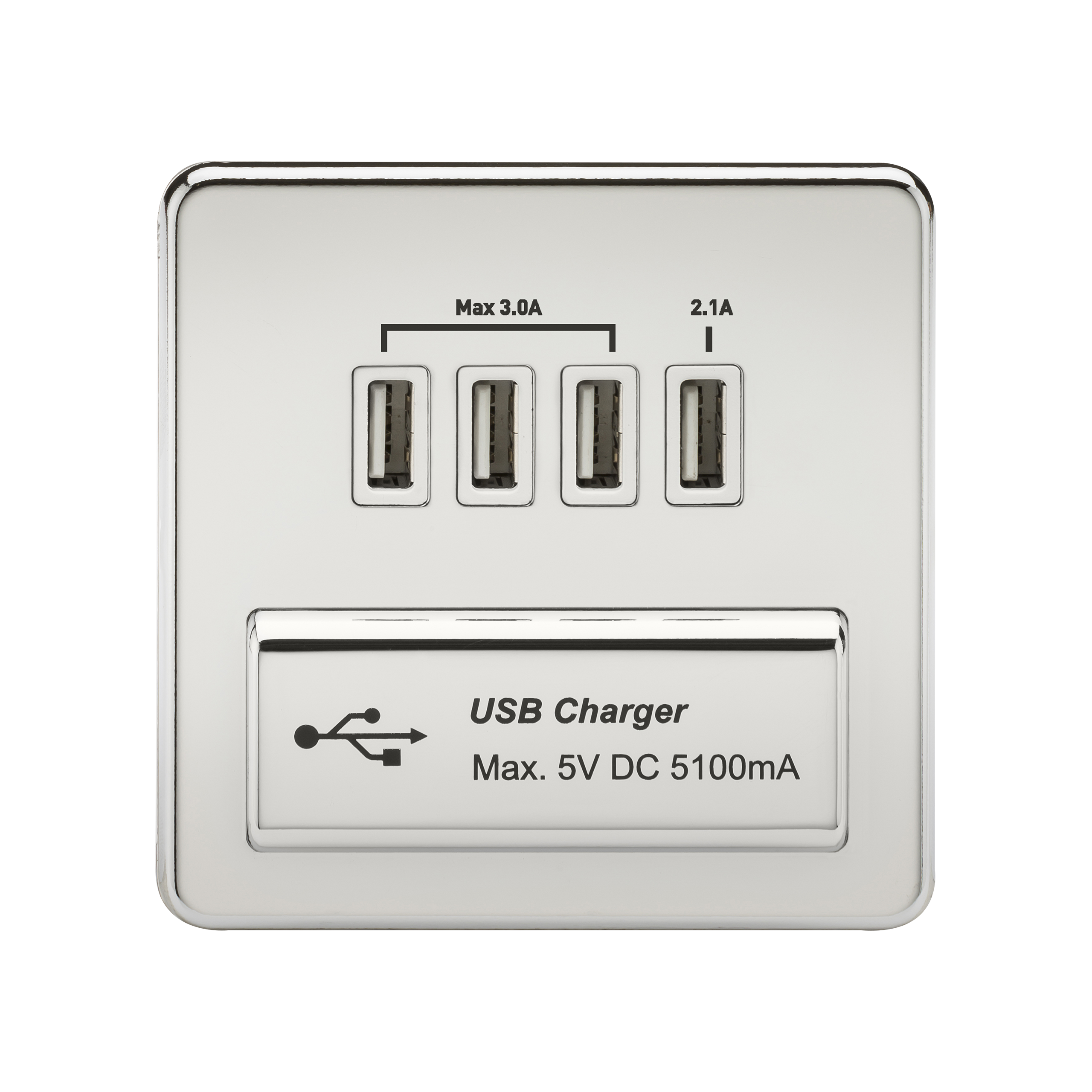 Screwless Quad USB Charger Outlet (5.1A) - Polished Chrome With White Insert - SFQUADPCW 
