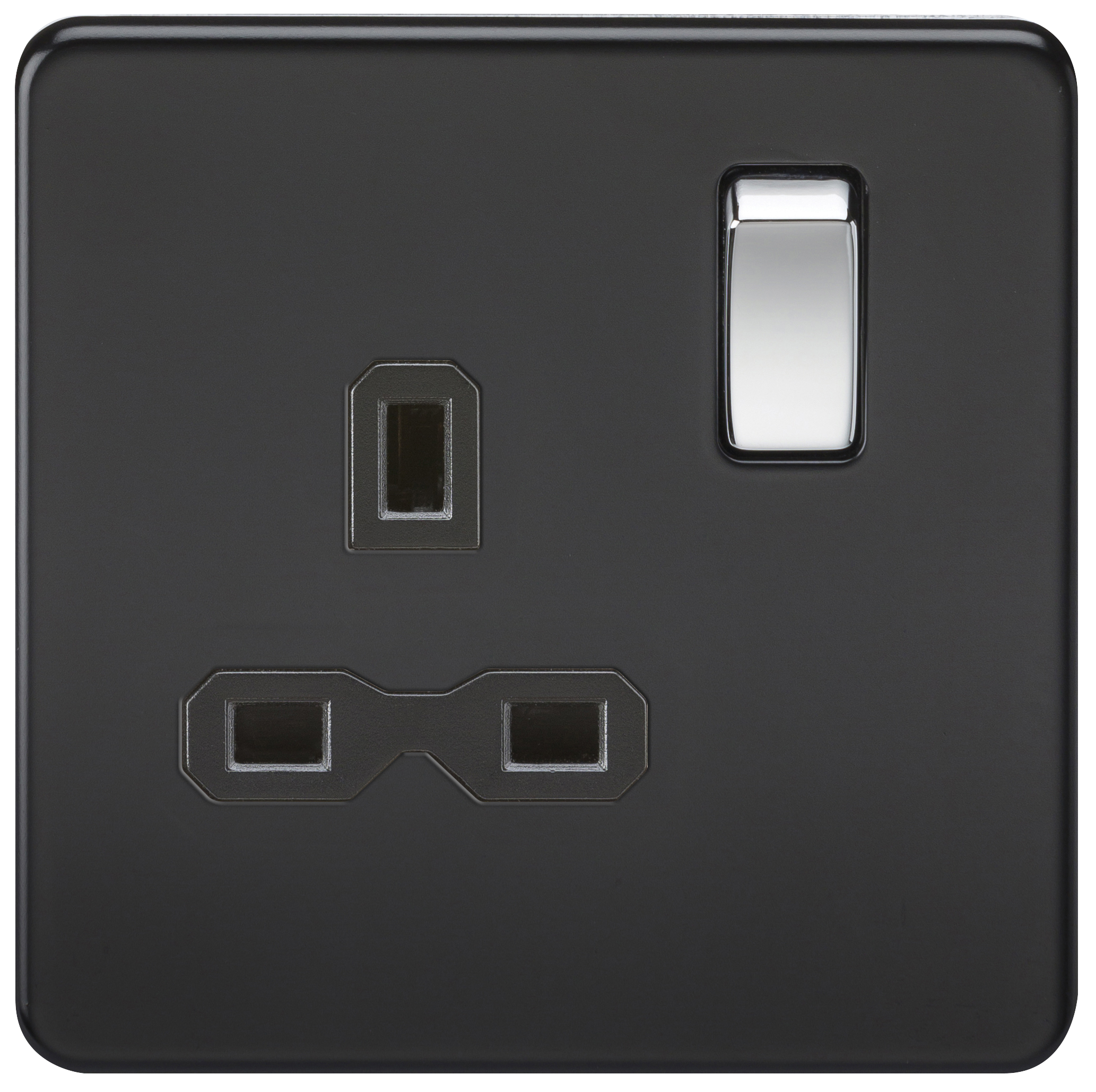 Screwless 13A 1G DP Switched Socket - Matt Black With Black Insert And Chrome Rockers - SFR7000MB 