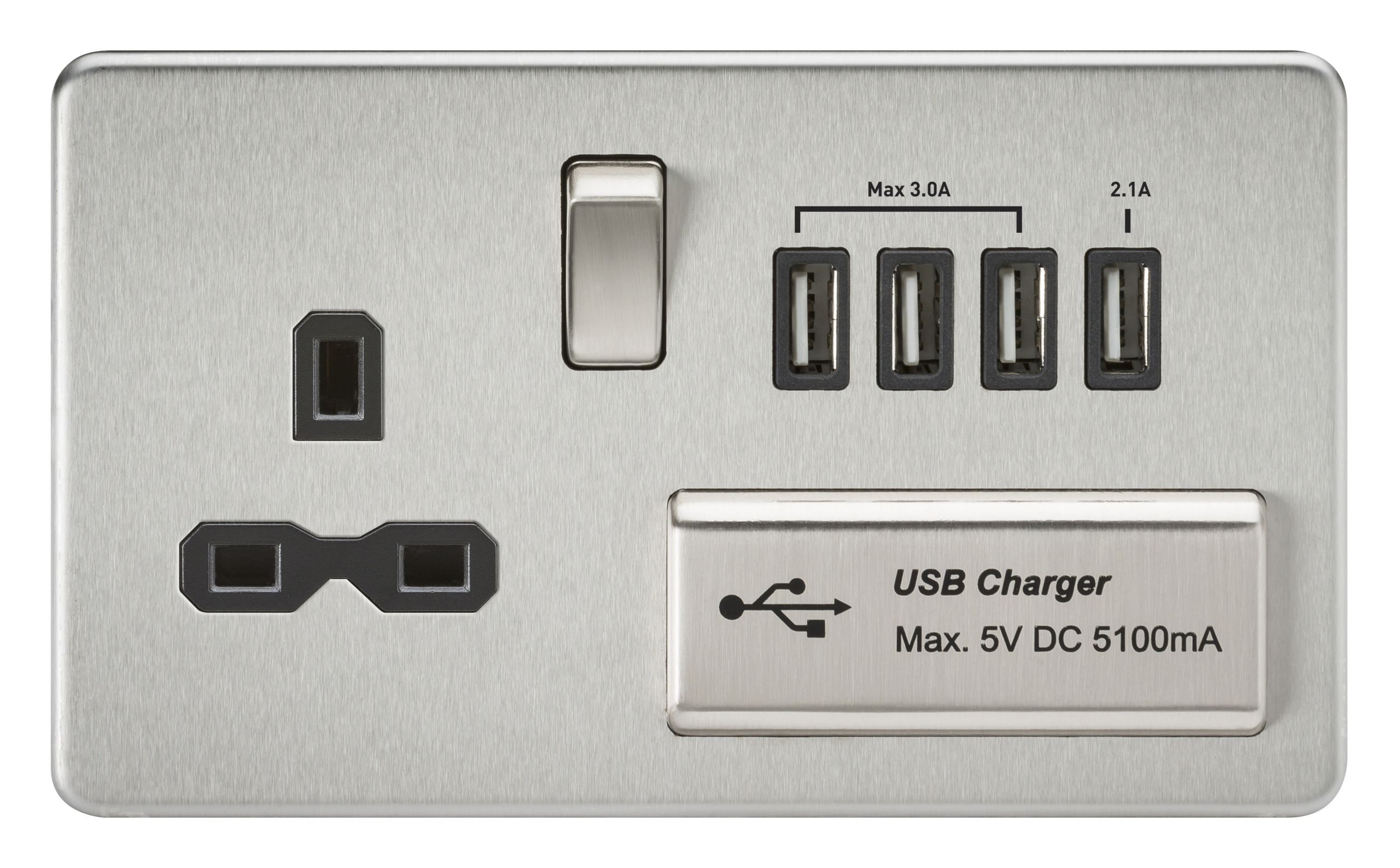 Screwless 13A Switched Socket With Quad USB Charger (5.1A) - Brushed Chrome With Black Insert - SFR7USB4BC 