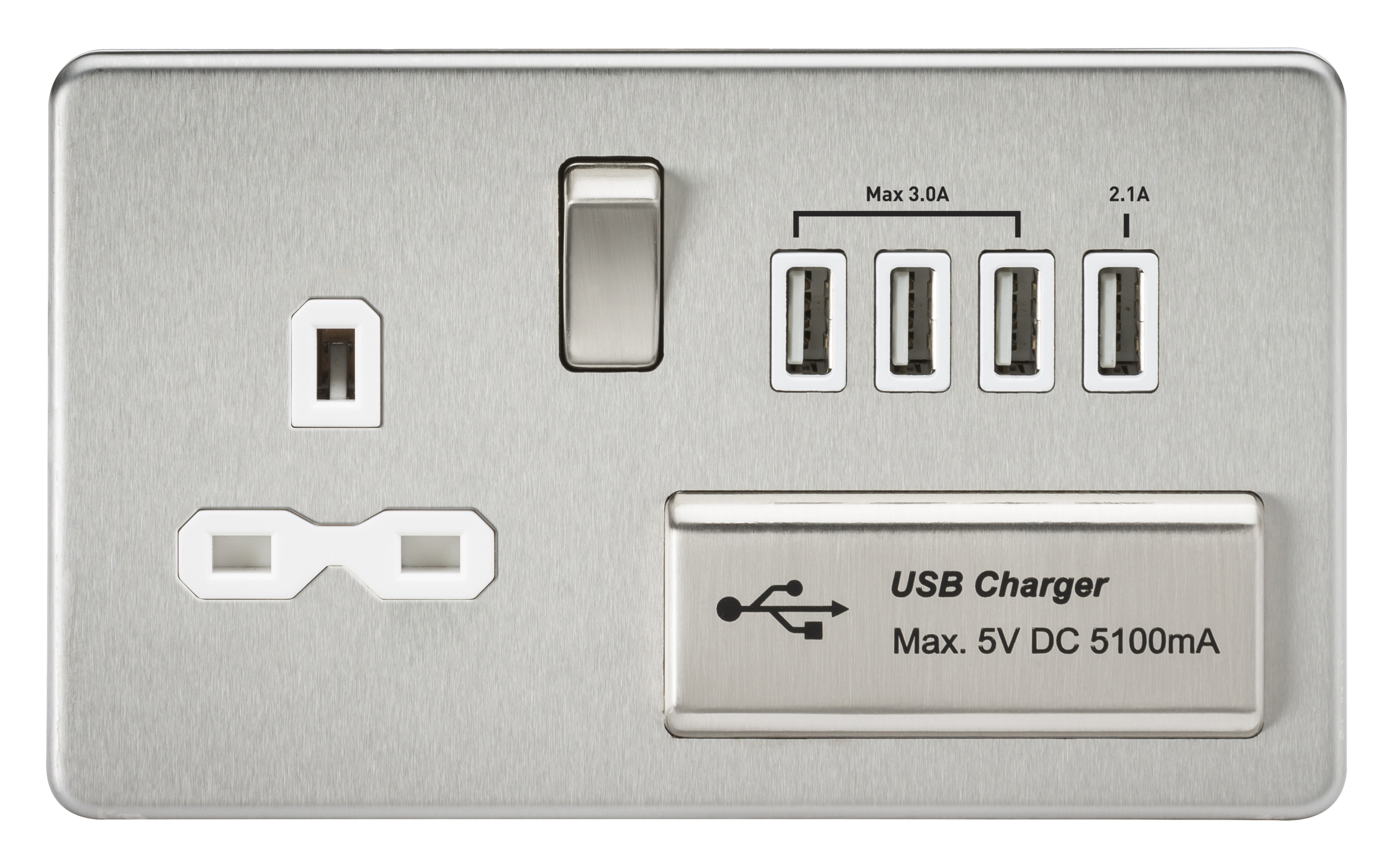 Screwless 13A Switched Socket With Quad USB Charger (5.1A) - Brushed Chrome With White Insert - SFR7USB4BCW 