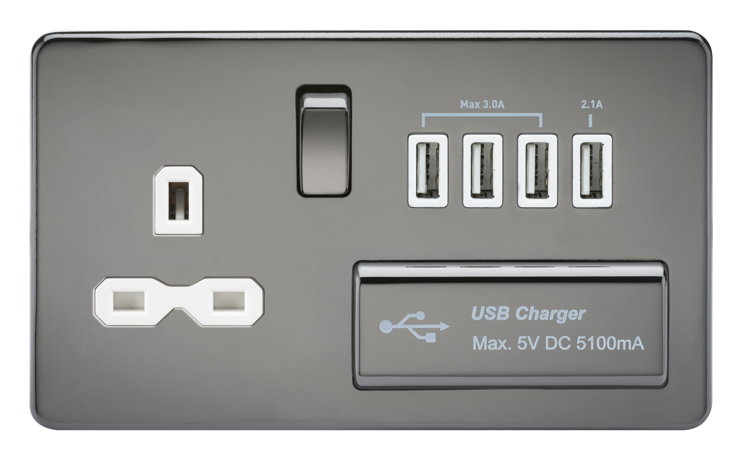 Screwless 13A Switched Socket With Quad USB Charger (5.1A) - Black Nickel With White Insert - SFR7USB4BNW 