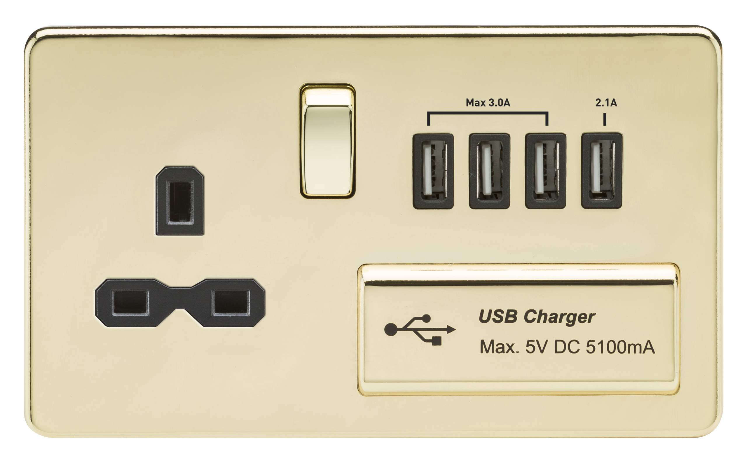 Screwless 13A Switched Socket With Quad USB Charger (5.1A) - Polished Brass With Black Insert - SFR7USB4PB 