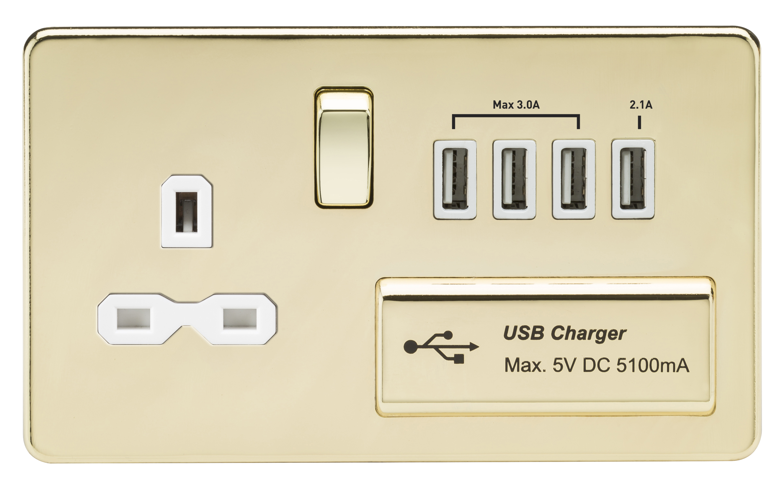 Screwless 13A Switched Socket With Quad USB Charger (5.1A) - Polished Brass With White Insert - SFR7USB4PBW 