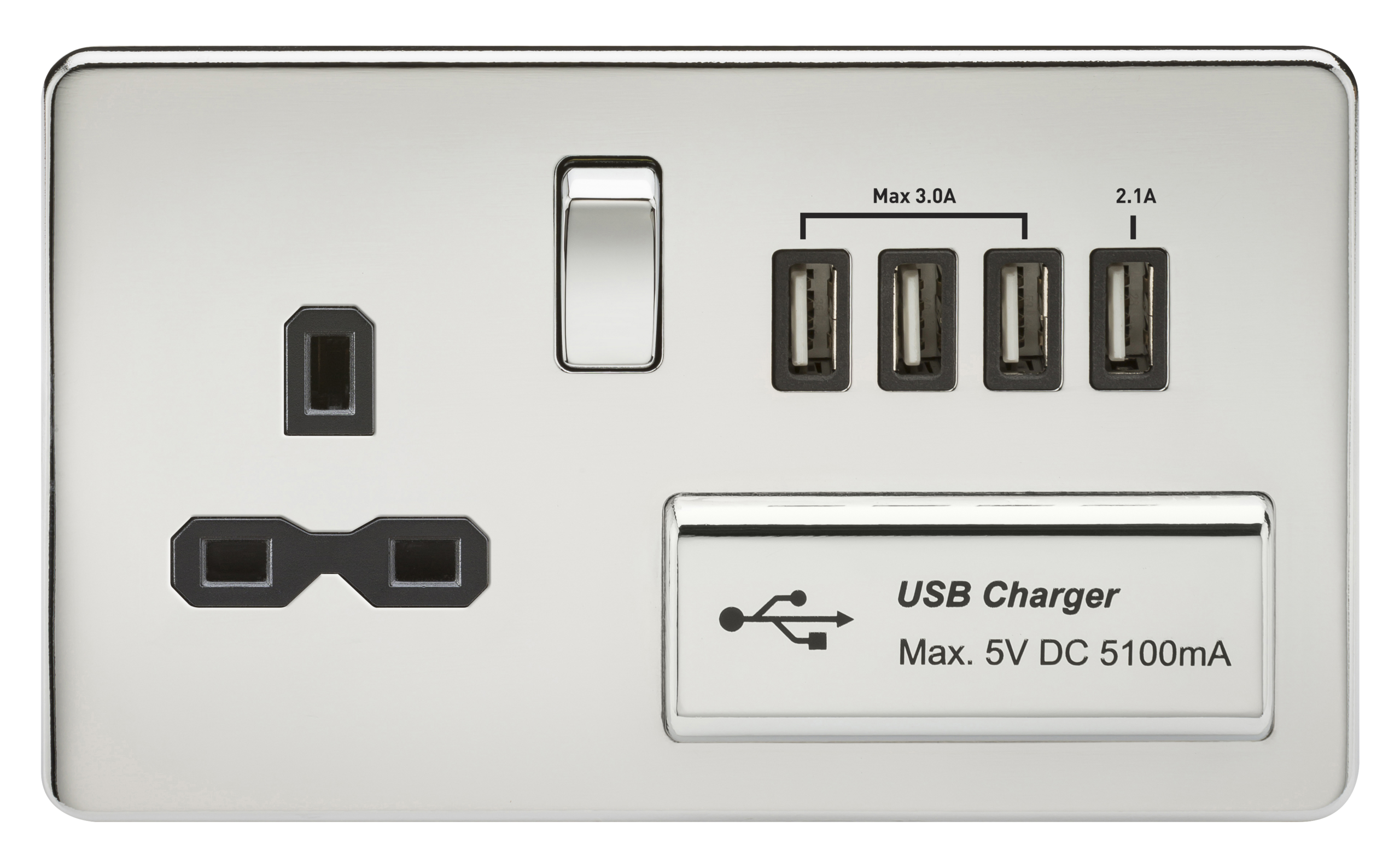 Screwless 13A Switched Socket With Quad USB Charger (5.1A) - Polished Chrome With Black Insert - SFR7USB4PC 