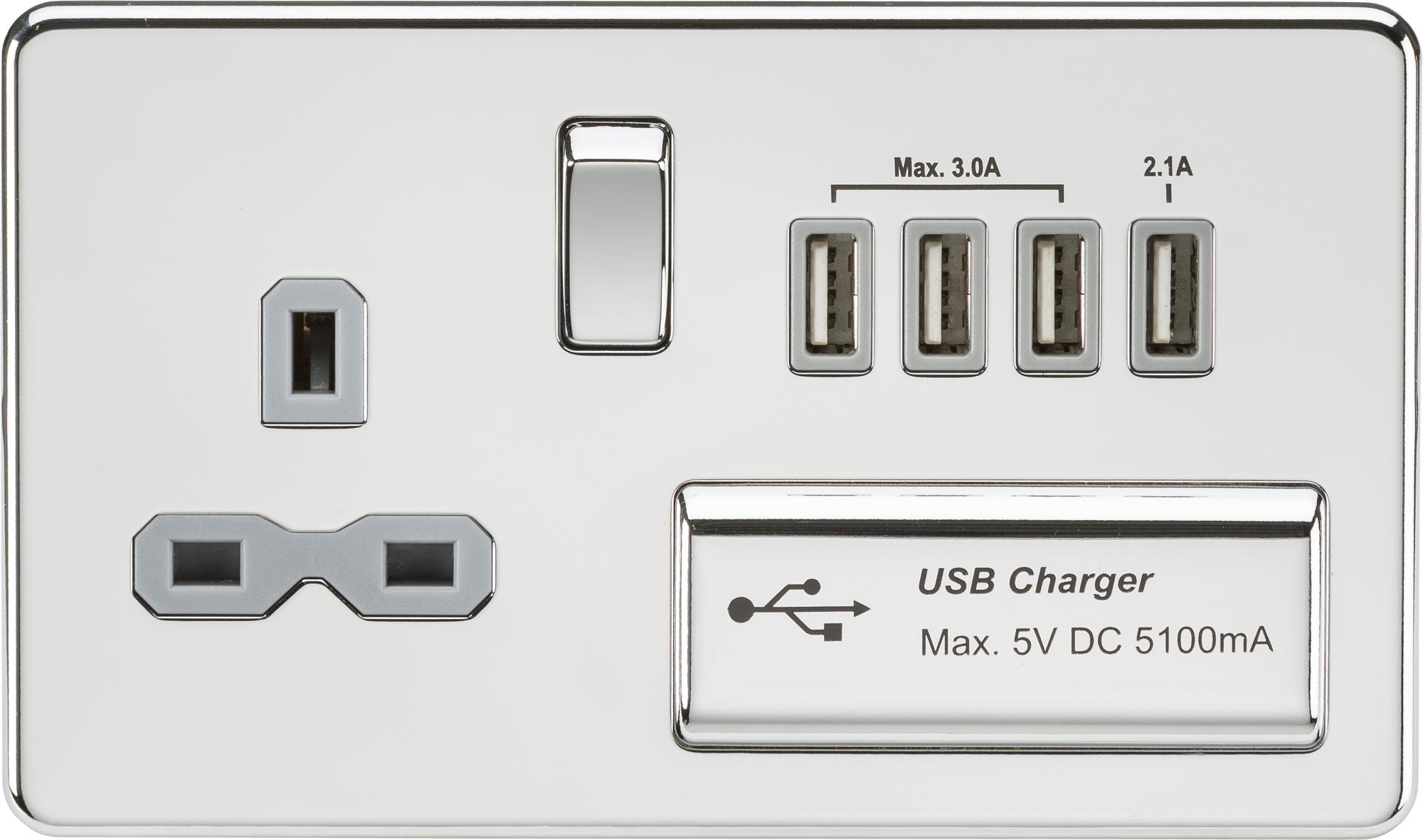 Screwless 13A Switched Socket With Quad USB Charger (5.1A) - Polished Chrome With Grey Insert - SFR7USB4PCG 