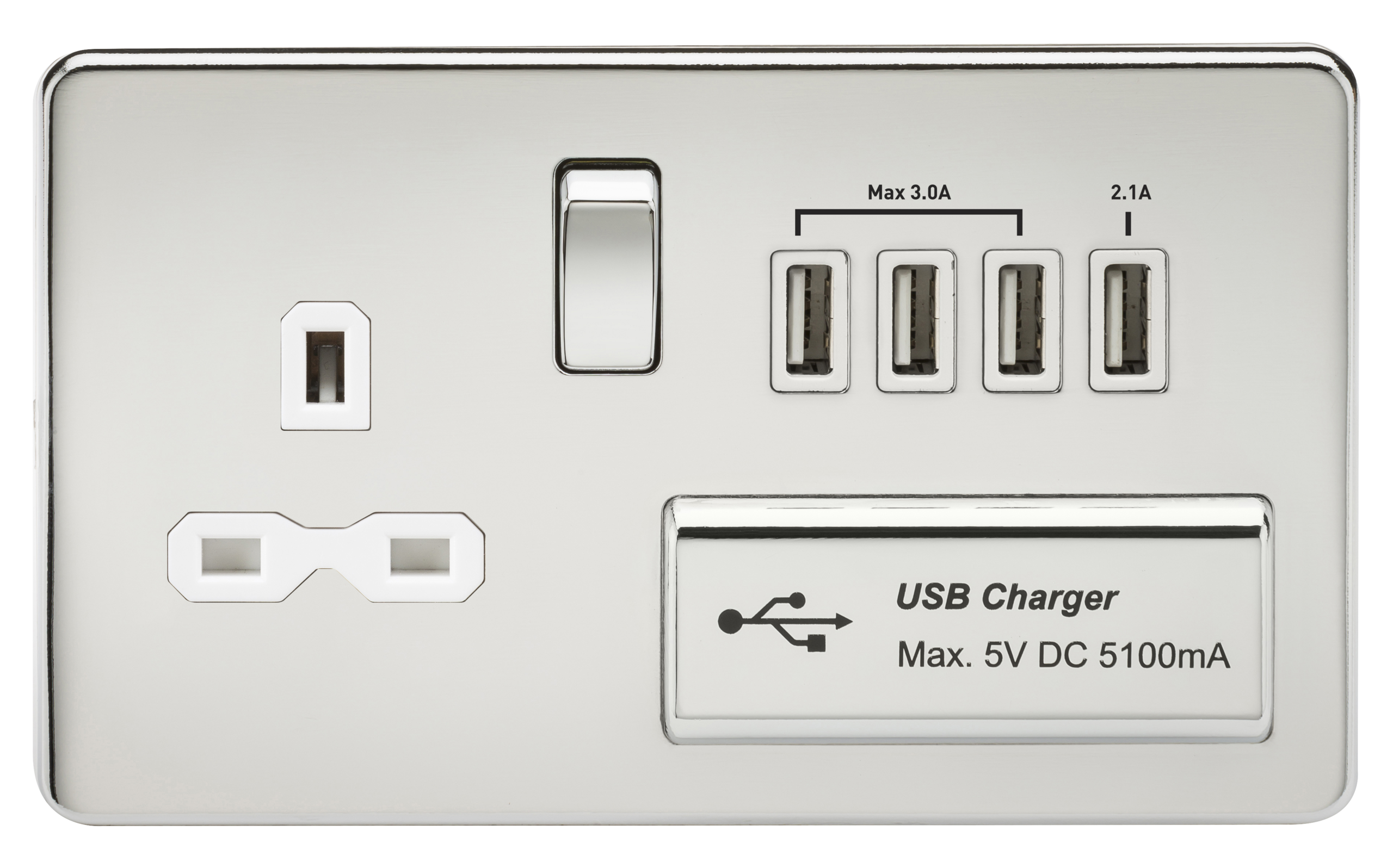 Screwless 13A Switched Socket With Quad USB Charger (5.1A) - Polished Chrome With White Insert - SFR7USB4PCW 