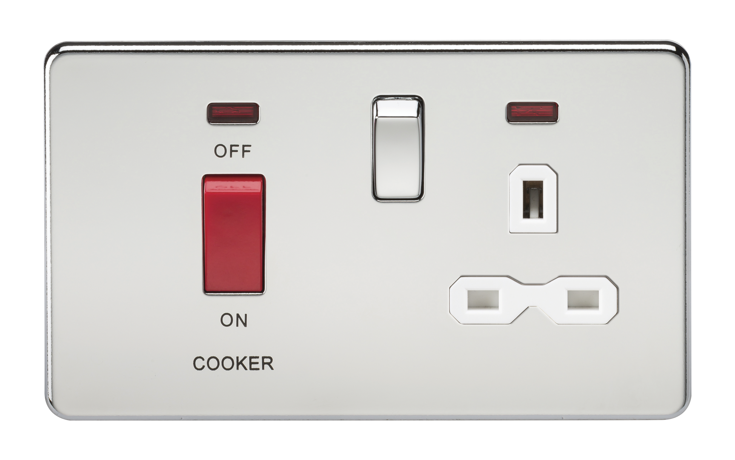 Screwless 45A DP Switch And 13A Switched Socket With Neons - Polished Chrome With White Insert - SFR8333NPCW 