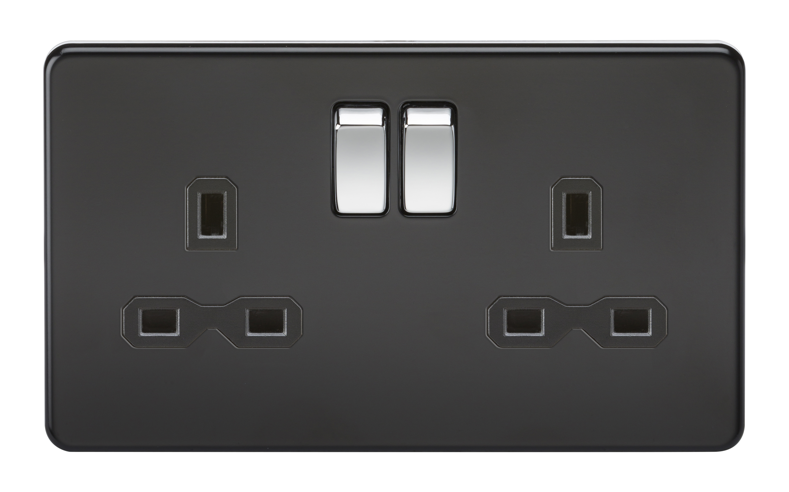 Screwless 13A 2G DP Switched Socket - Matt Black With Black Insert And Chrome Rockers - SFR9000MB 
