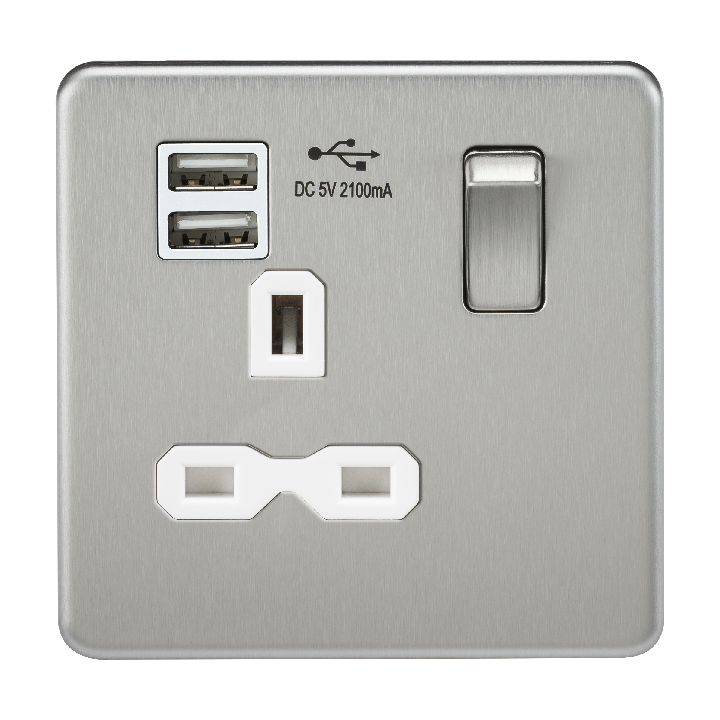 Screwless 13A 1G Switched Socket With Dual USB Charger (2.1A) - Brushed Chrome With White Insert - SFR9901BCW 