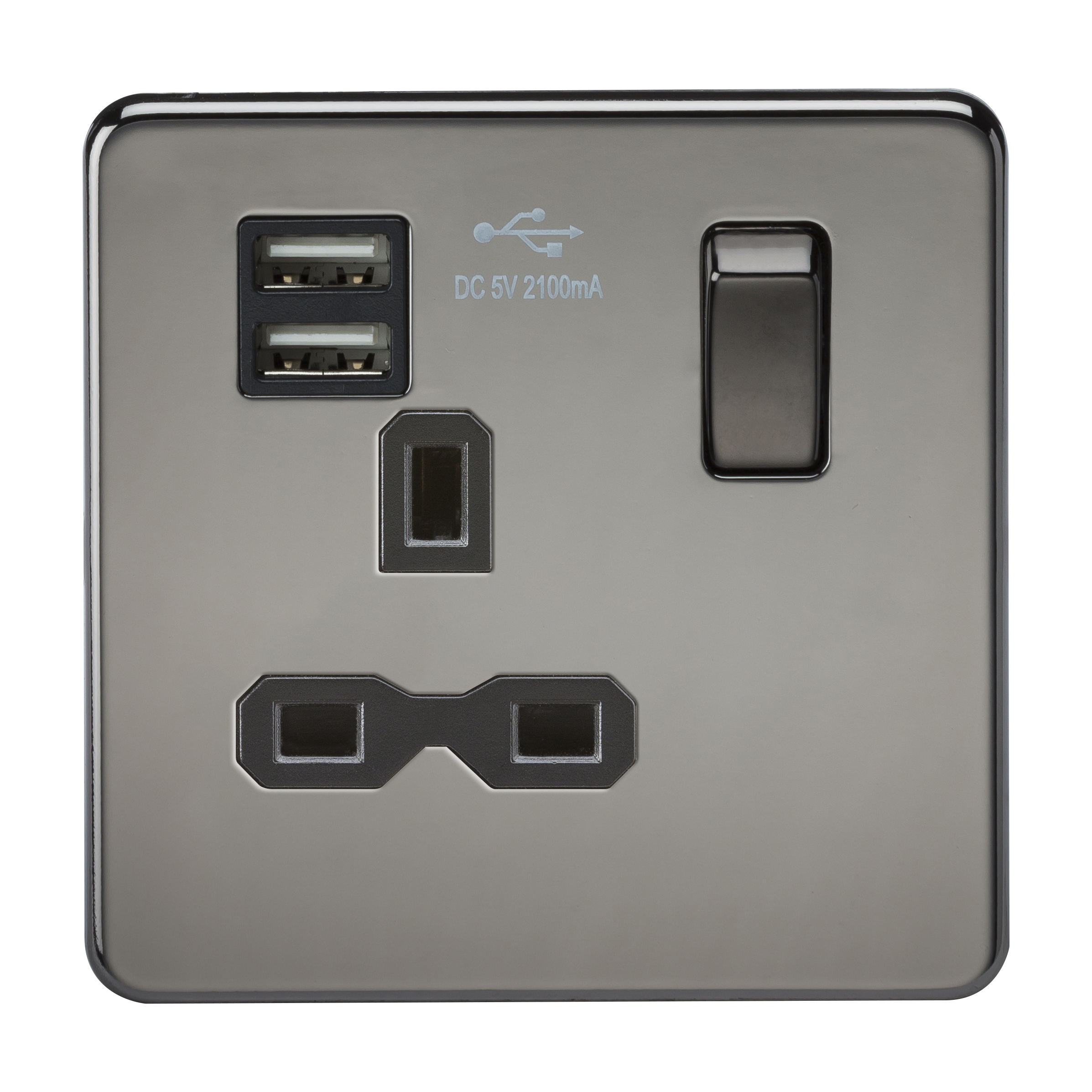 Screwless 13A 1G Switched Socket With Dual USB Charger (2.1A) - Black Nickel With Black Insert - SFR9901BN 