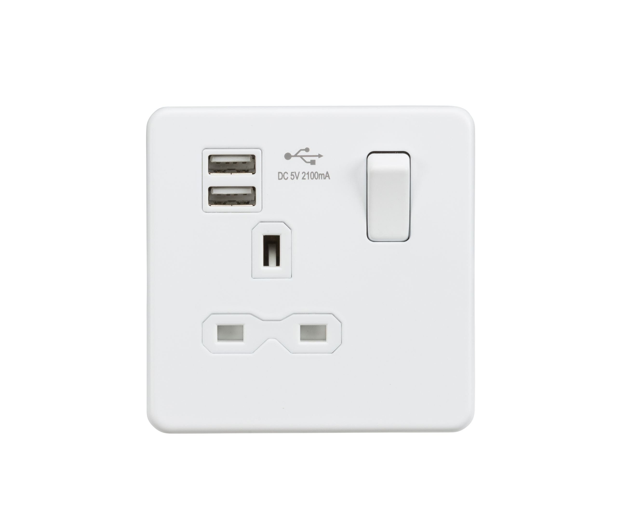 Screwless 13A 1G Switched Socket With Dual USB Charger (2.1A) - Matt White - SFR9901MW 