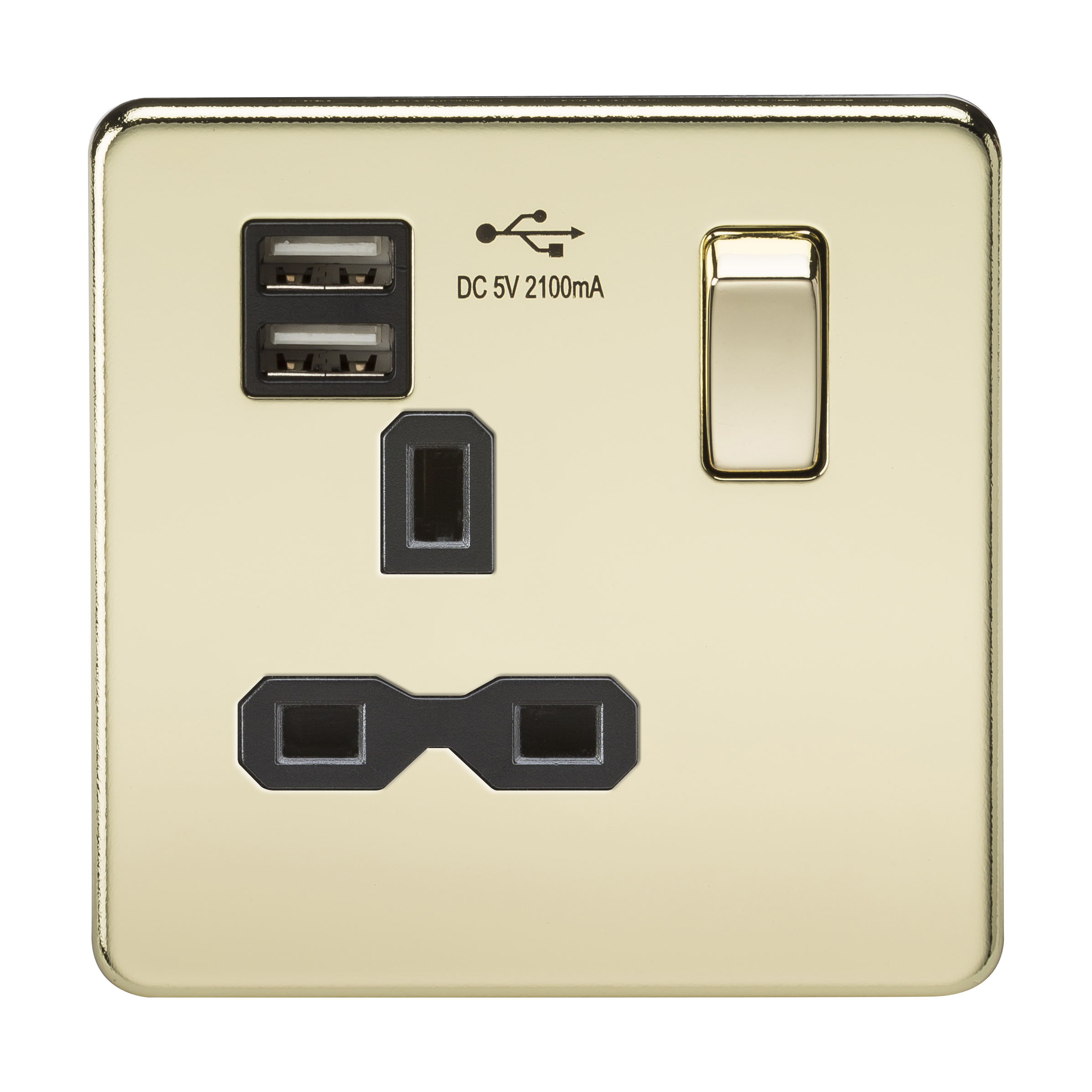 Screwless 13A 1G Switched Socket With Dual USB Charger (2.1A) - Polished Brass With Black Insert - SFR9901PB 