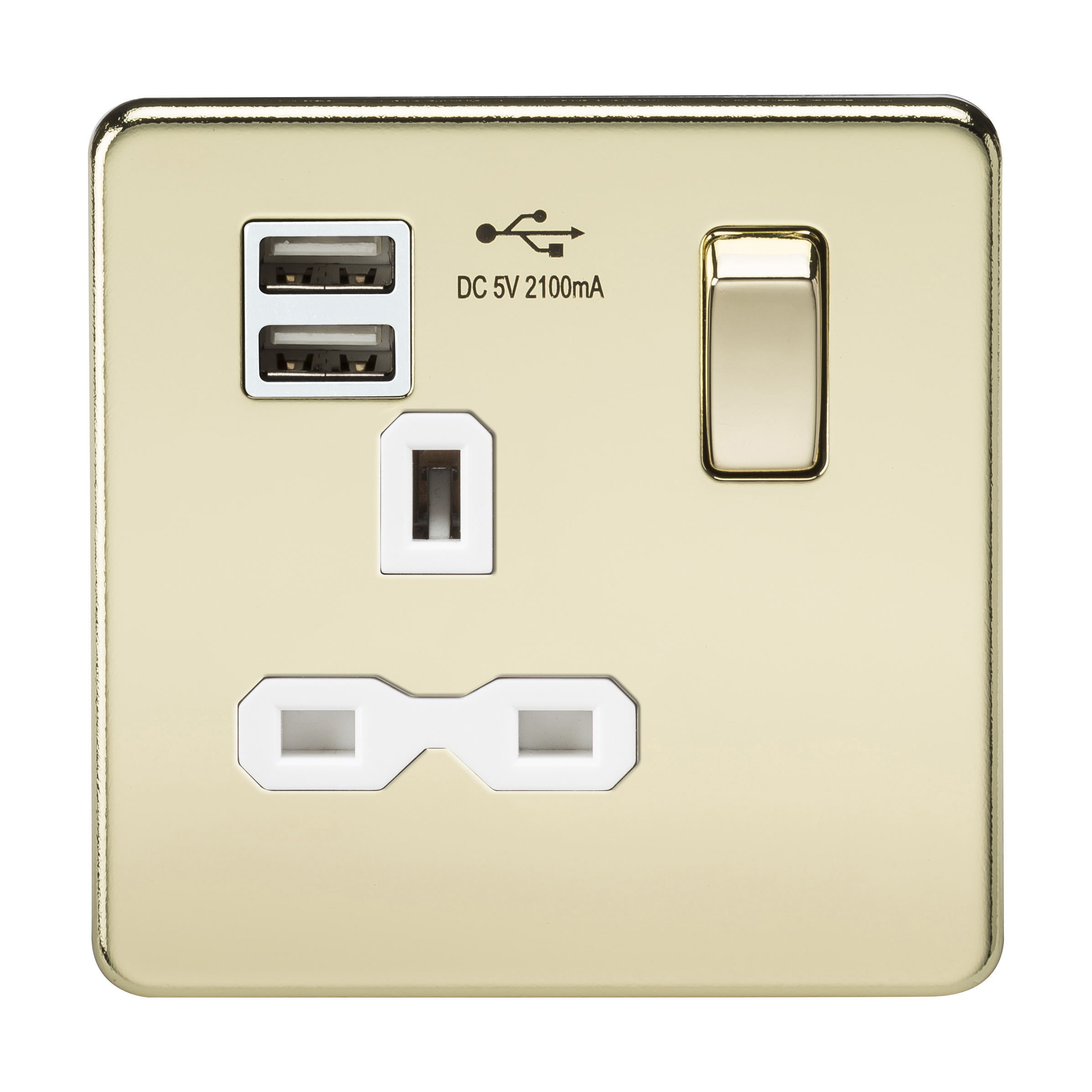 Screwless 13A 1G Switched Socket With Dual USB Charger (2.1A) - Polished Brass With White Insert - SFR9901PBW 