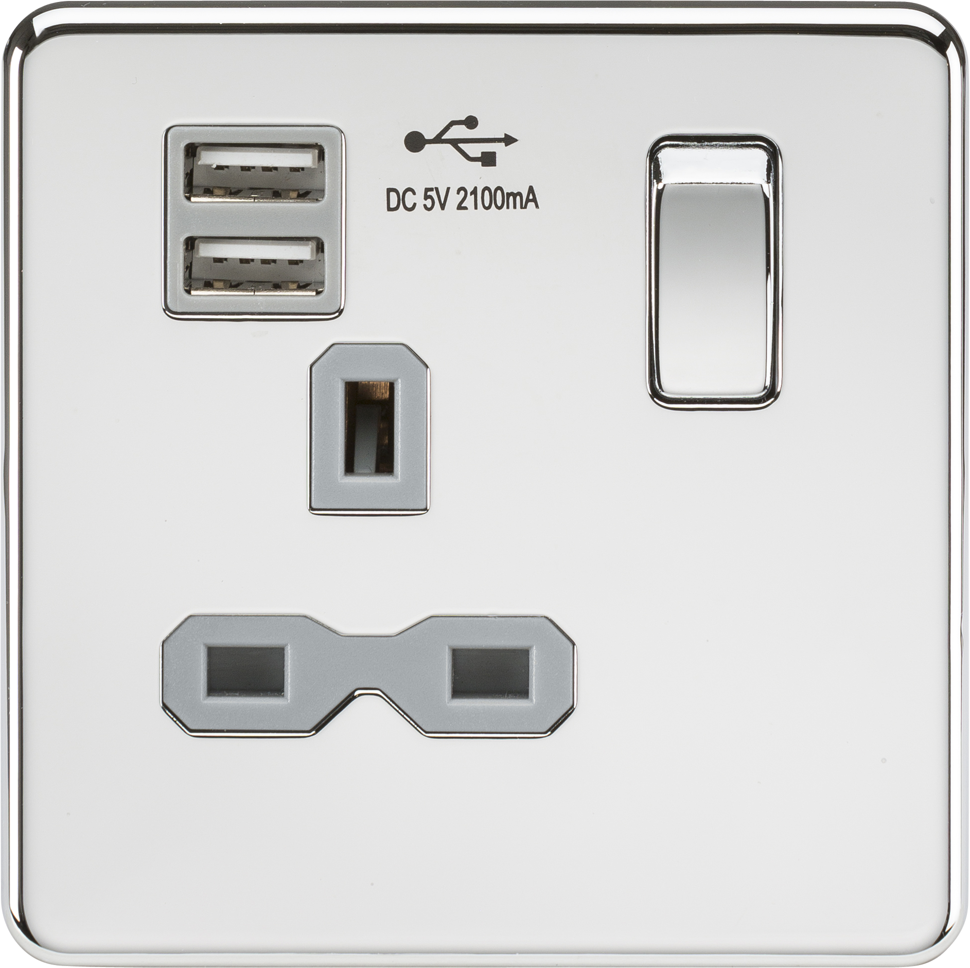 Screwless 13A 1G Switched Socket With Dual USB Charger (2.1A) - Polished Chrome With Grey Insert - SFR9901PCG 
