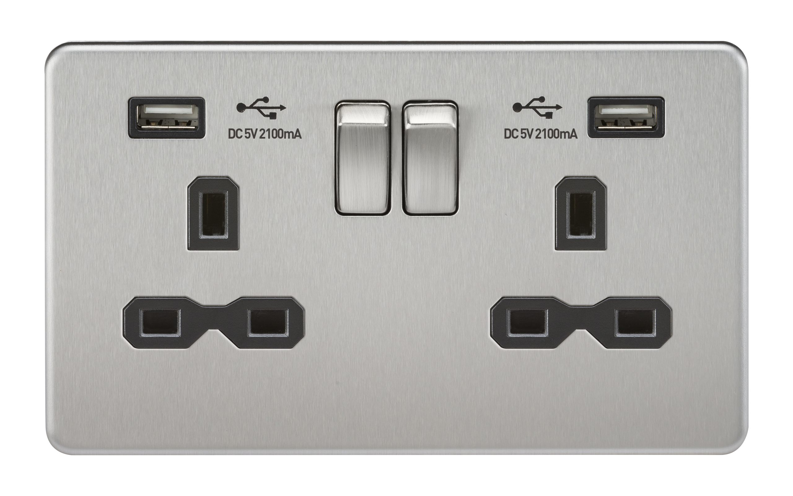 Screwless 13A 2G Switched Socket With Dual USB Charger (2.1A) - Brushed Chrome With Black Insert - SFR9902BC 
