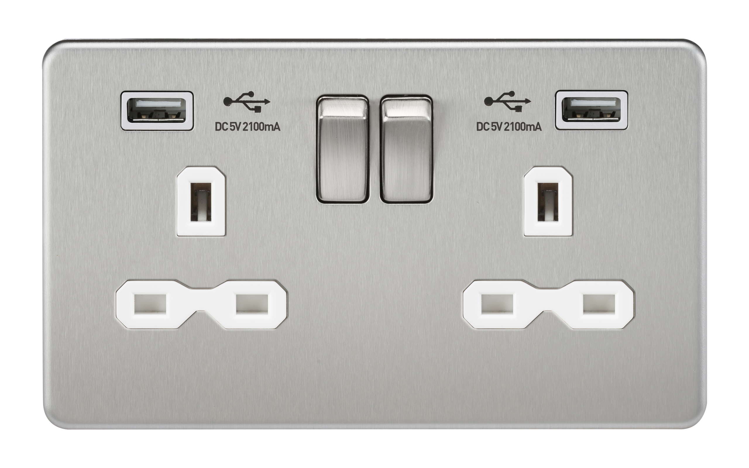 Screwless 13A 2G Switched Socket With Dual USB Charger (2.1A) - Brushed Chrome With White Insert - SFR9902BCW 
