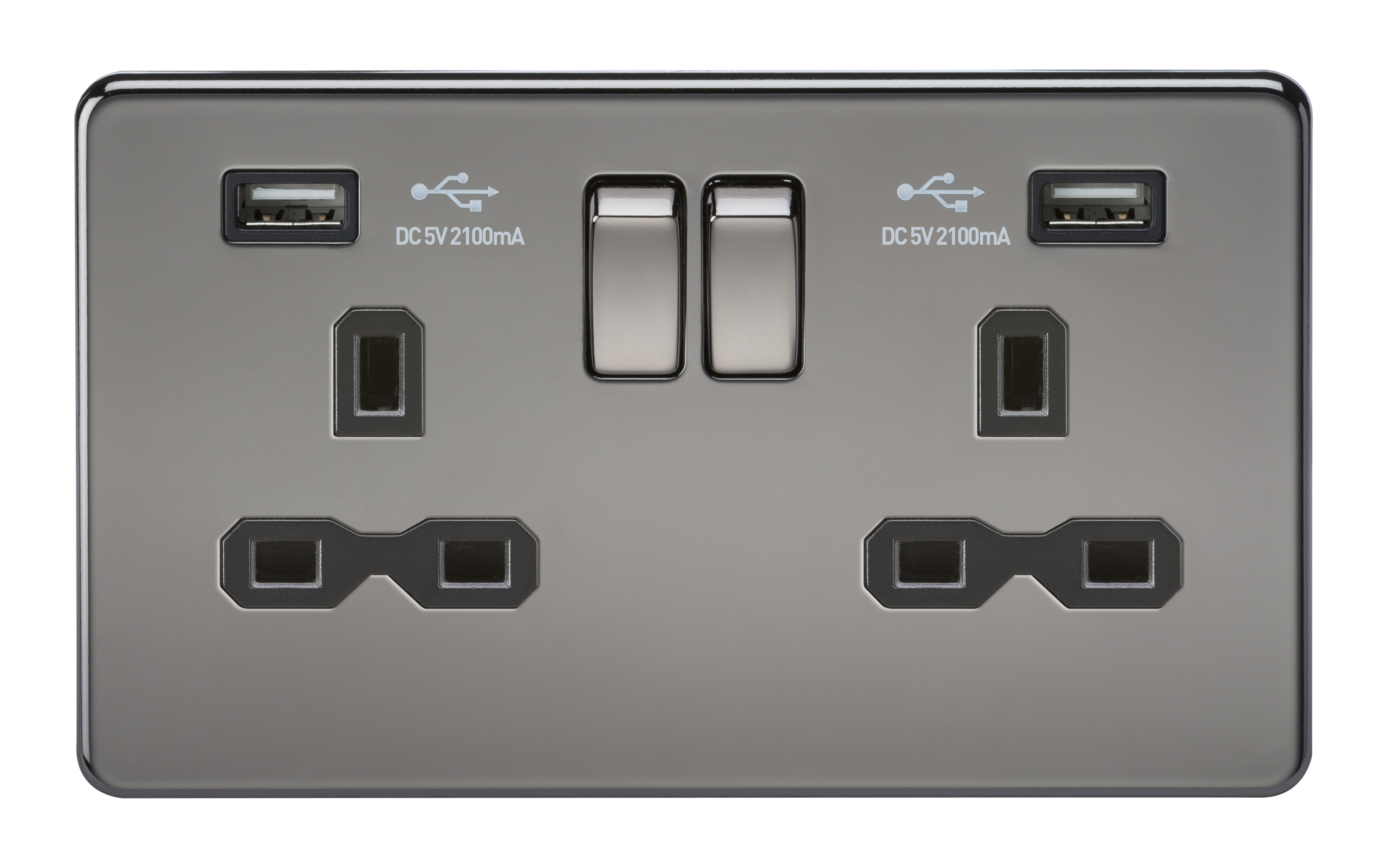 Screwless 13A 2G Switched Socket With Dual USB Charger (2.1A) - Black Nickel With Black Insert - SFR9902BN 