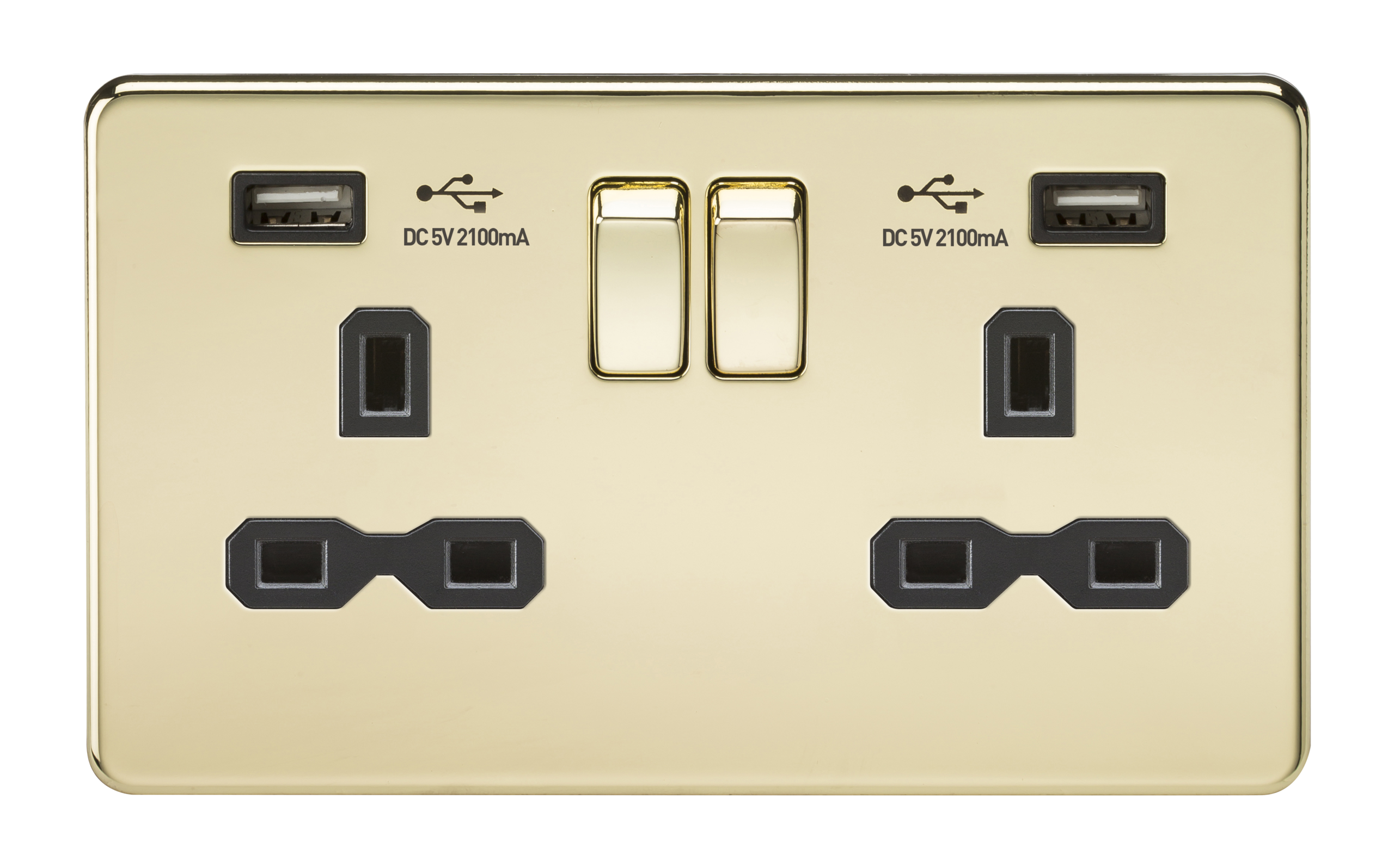Screwless 13A 2G Switched Socket With Dual USB Charger (2.1A) - Polished Brass With Black Insert - SFR9902PB 