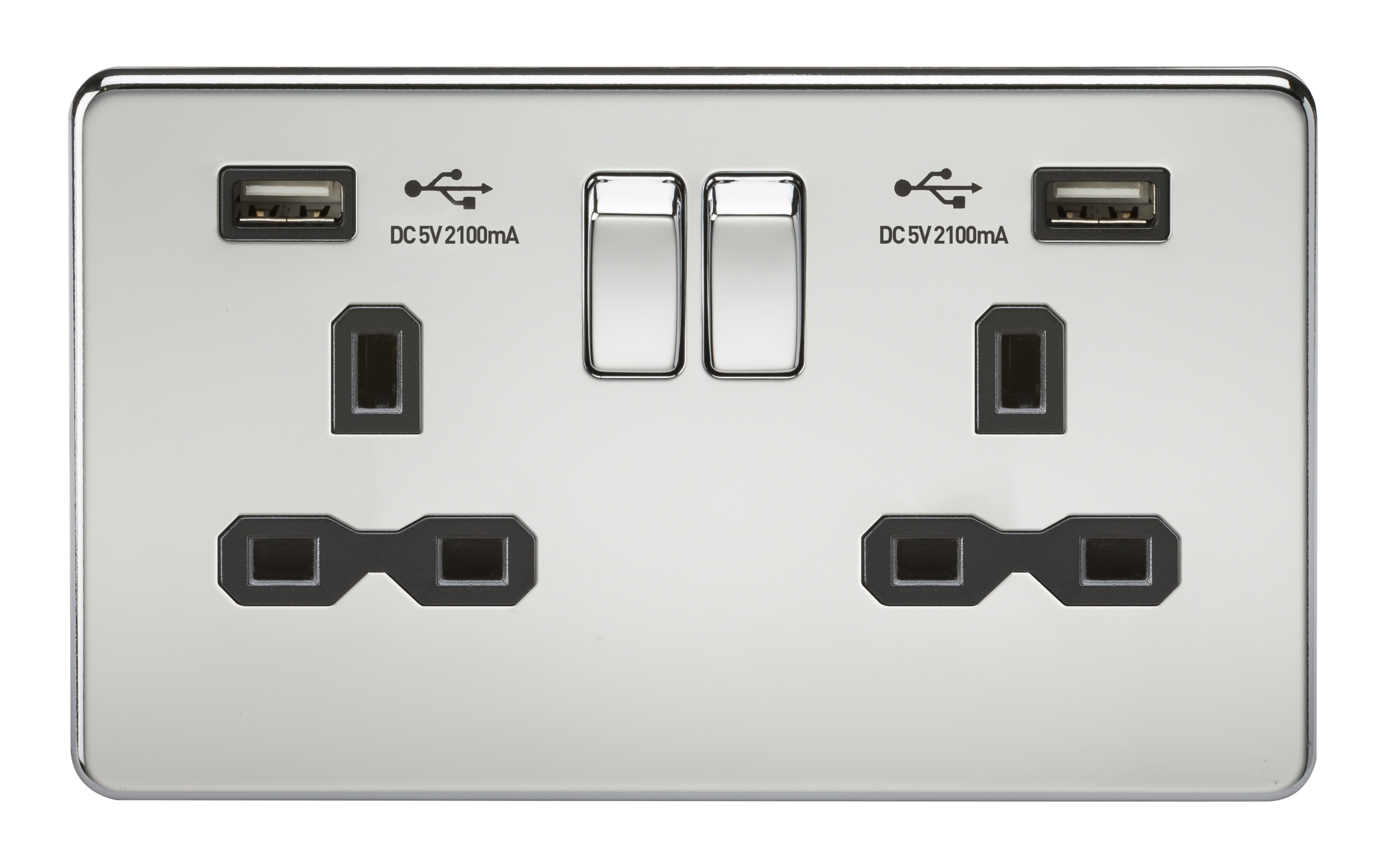 Screwless 13A 2G Switched Socket With Dual USB Charger (2.1A) - Polished Chrome With Black Insert - SFR9902PC 
