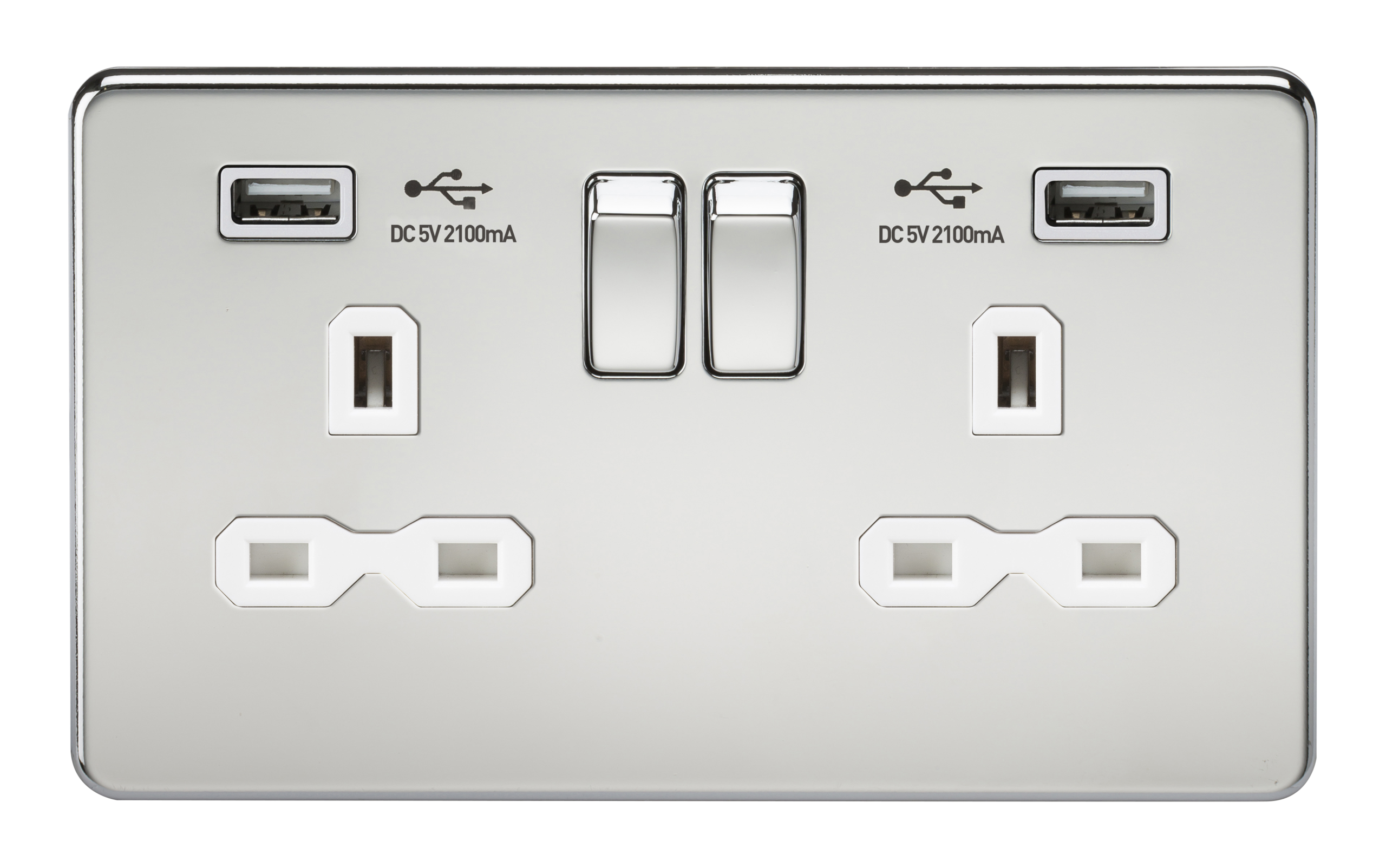Screwless 13A 2G Switched Socket With Dual USB Charger (2.1A) - Polished Chrome With White Insert - SFR9902PCW 