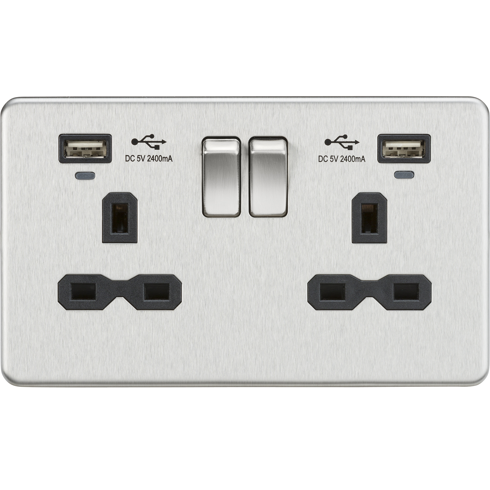 Screwless 13A Smart 2G Switched Socket With Dual USB Charger 2.4A - Brushed Chrome With Black Insert - SFR9904NBC 