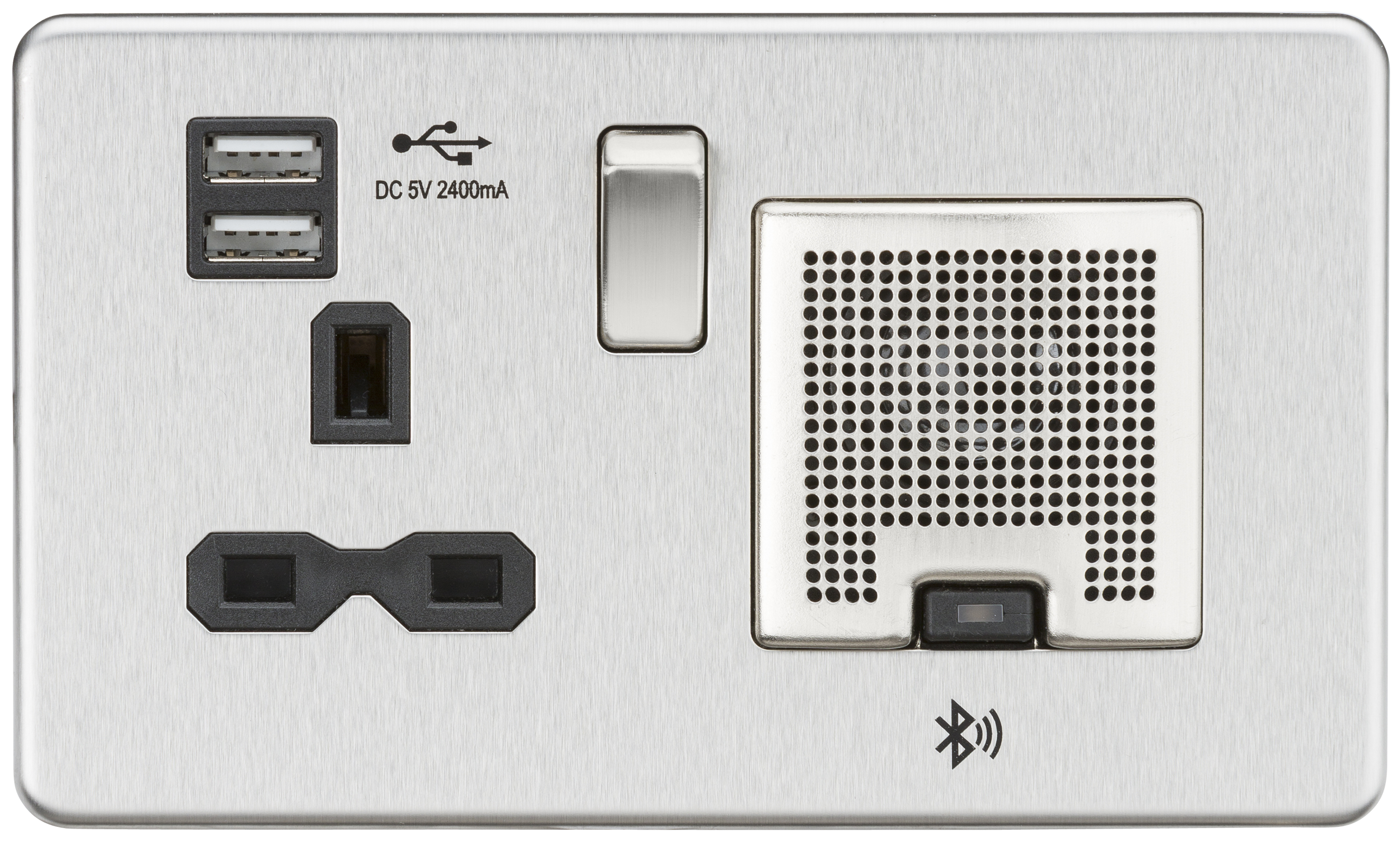 Screwless 13A Socket, USB Charger And Bluetooth Speaker Combo - Brushed Chrome With Black Insert - SFR9905BC 