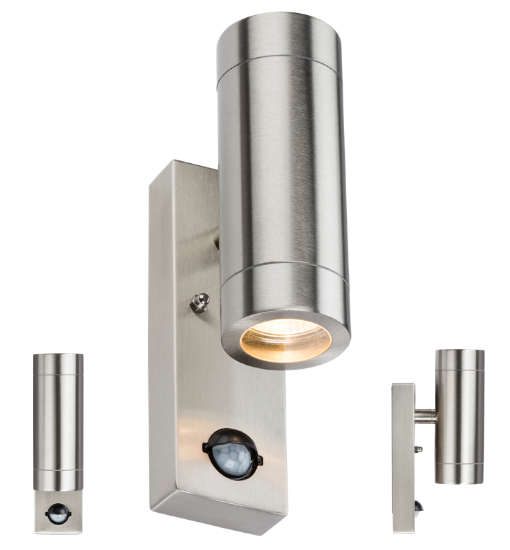 230V IP44 2 X GU10 Stainless Steel Up/Down Wall Light With Pir - WALL4LSS 