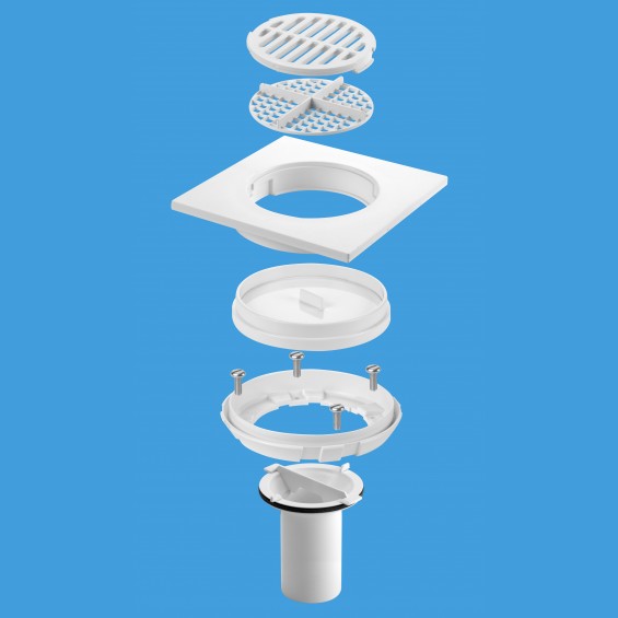 Conversion Kit to convert any TSG1 or TSG2 Gully to a tiled floor gully with White ABS Clamp Ring, 150mm Square White ABS Tile with removable Grid and Dip Tube - TSGCONV