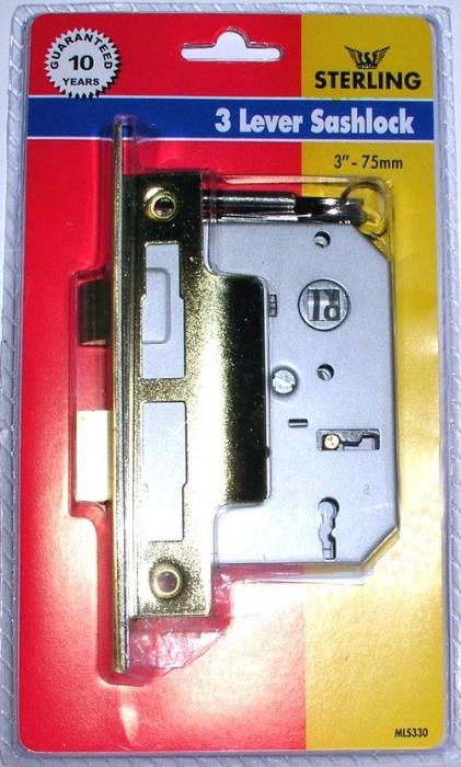 Securit S1833 75mm 3 lever sash lock brass - MPSS1833 