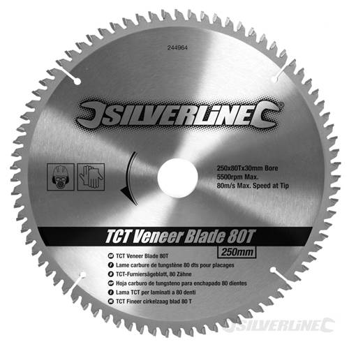 Silverline 244964 TCT Veneer Blade 80T 250 x 30 - 25, 20, 16mm rings - SIL244964 