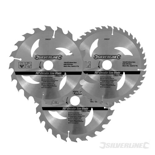 Silverline 298537 TCT Circular Saw Blades 20, 24, 40T 3pk 180 x 30 - 20, 16mm rings - SIL298537 