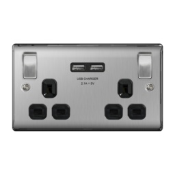 BG 13a 2 Gang Switch Socket & USB - Brushed Steel With Black Inserts - STX-340835 