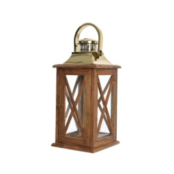 Kaemingk Sheesham Brown & Gold Wood Lantern - 27x27x53 - STX-369121 