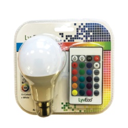 Lyveco Remote Controlled Colour Changing GLS Lamp - 9W BC - STX-378016 