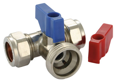 15mm x 3/4" Tee Washing Machine Valve Chrome Plated Red/Blue - WMV015