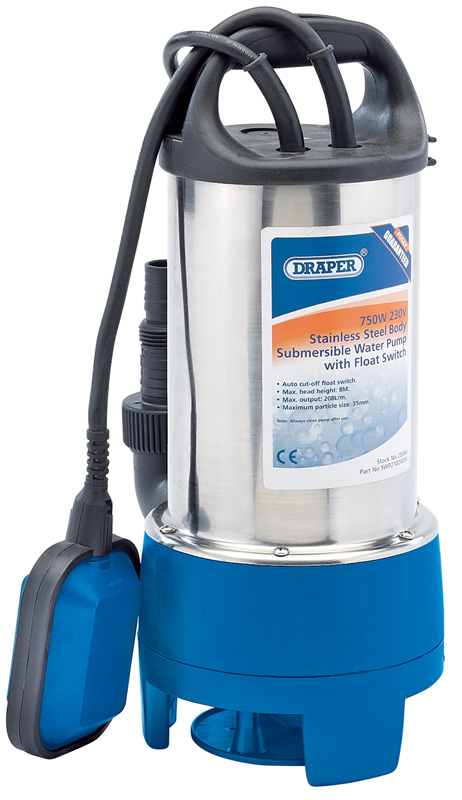 208l/min (max.) 750W 230V Stainless Steel Submersible Dirty Water Pump With Float Switch - 25360 