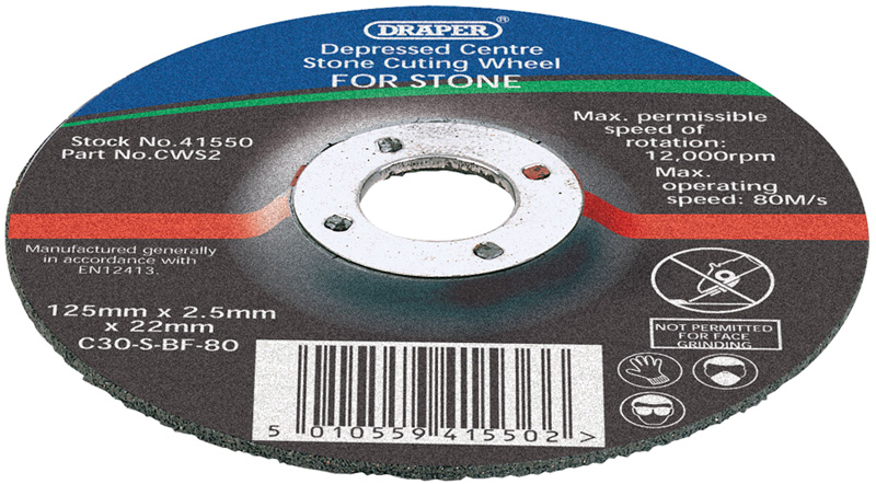 125 X 2.5 X 122.2mm Bore Depressed Centre Stone Cutting Wheel - 41550 